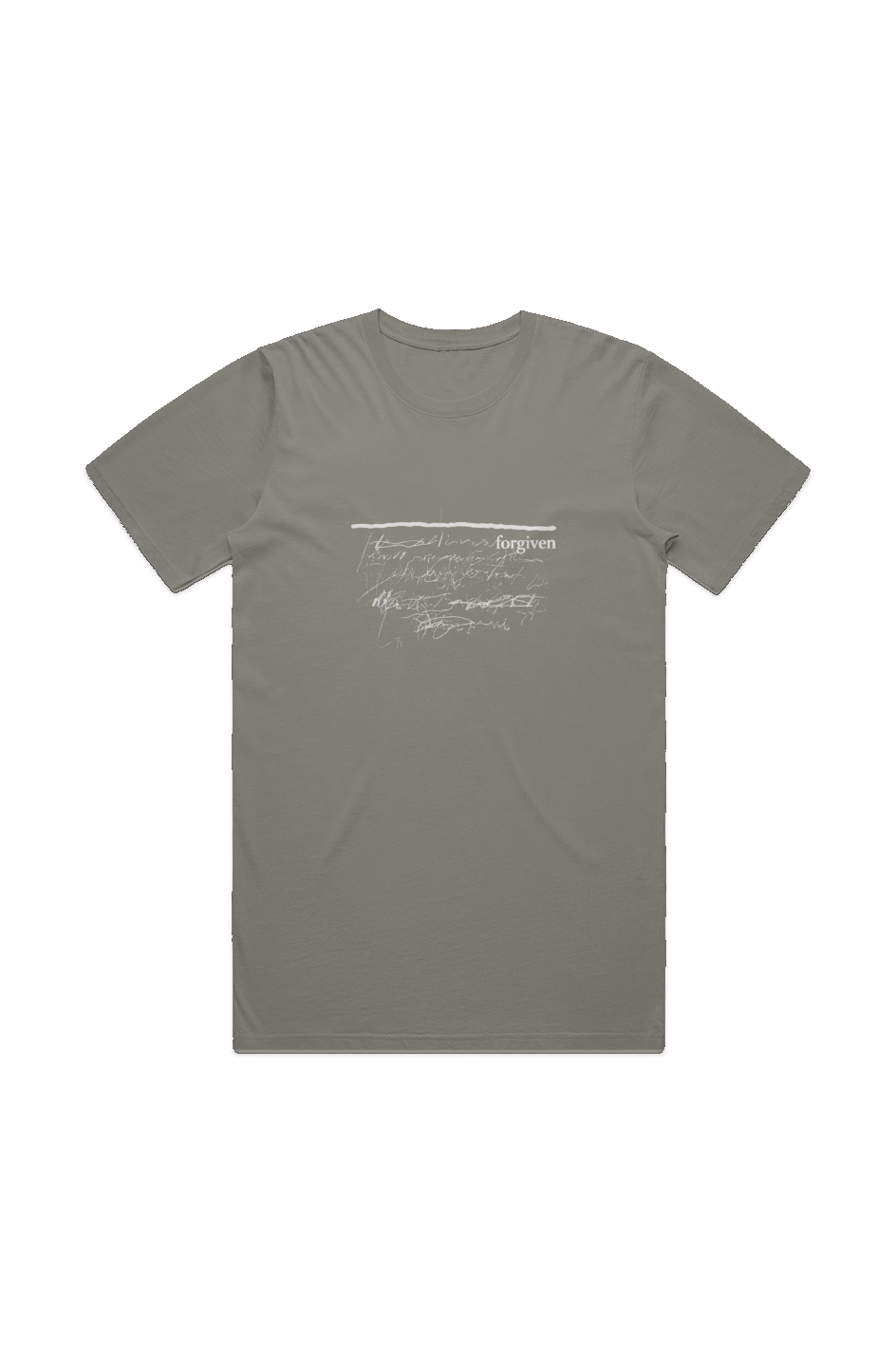 Forgiven Men's Staple Faded Tee in Faded Dust — front view showing white Forgiven graphic, garment-washed Christian tee by 4HG