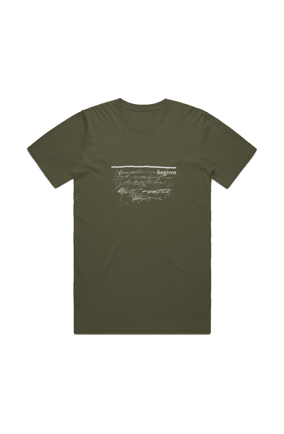 Forgiven Men's Staple Faded Tee in Faded Army — front view showing white Forgiven graphic, garment-washed Christian tee by 4HG