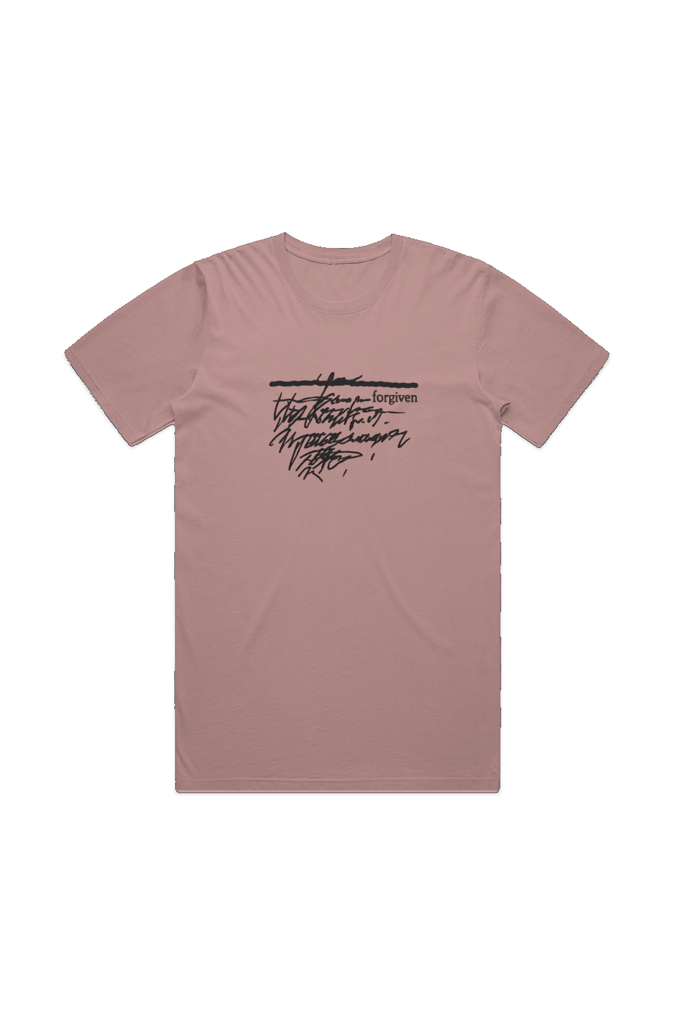 Forgiven Men's Staple Faded Tee in Faded Rose — front view showing black Forgiven graphic, garment-washed Christian tee by 4HG