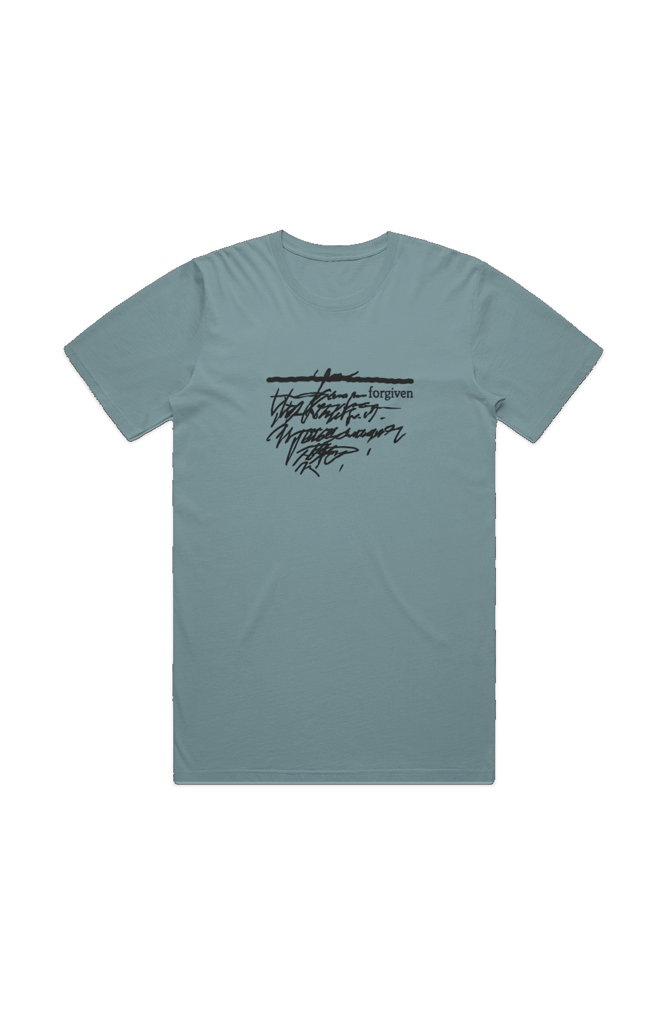 Forgiven Men's Staple Faded Tee in Faded Slate — front view showing black Forgiven graphic, garment-washed Christian tee by 4HG