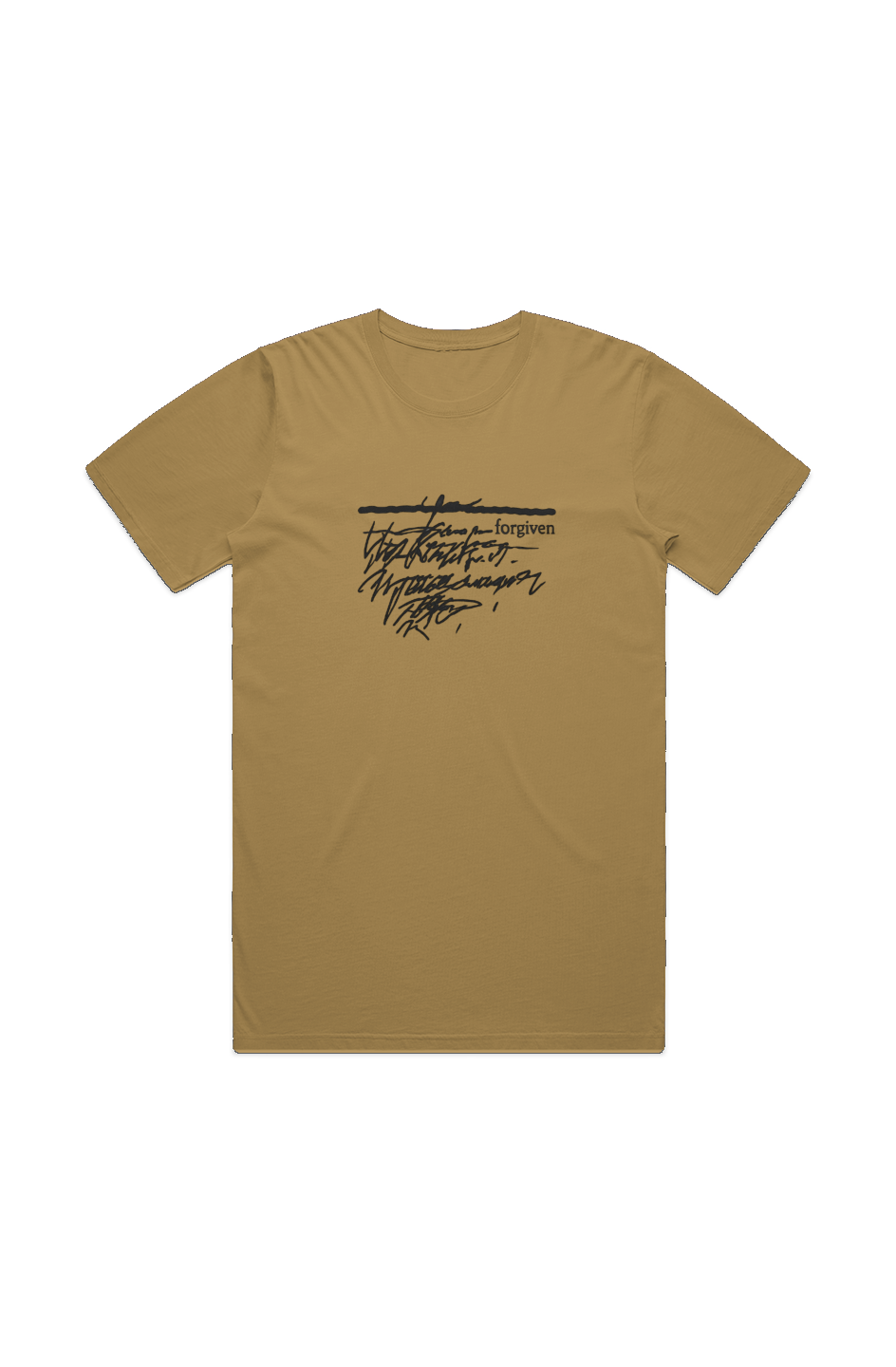 Forgiven Men's Staple Faded Tee in Faded Mustard — front view showing black Forgiven graphic, garment-washed Christian tee by 4HG