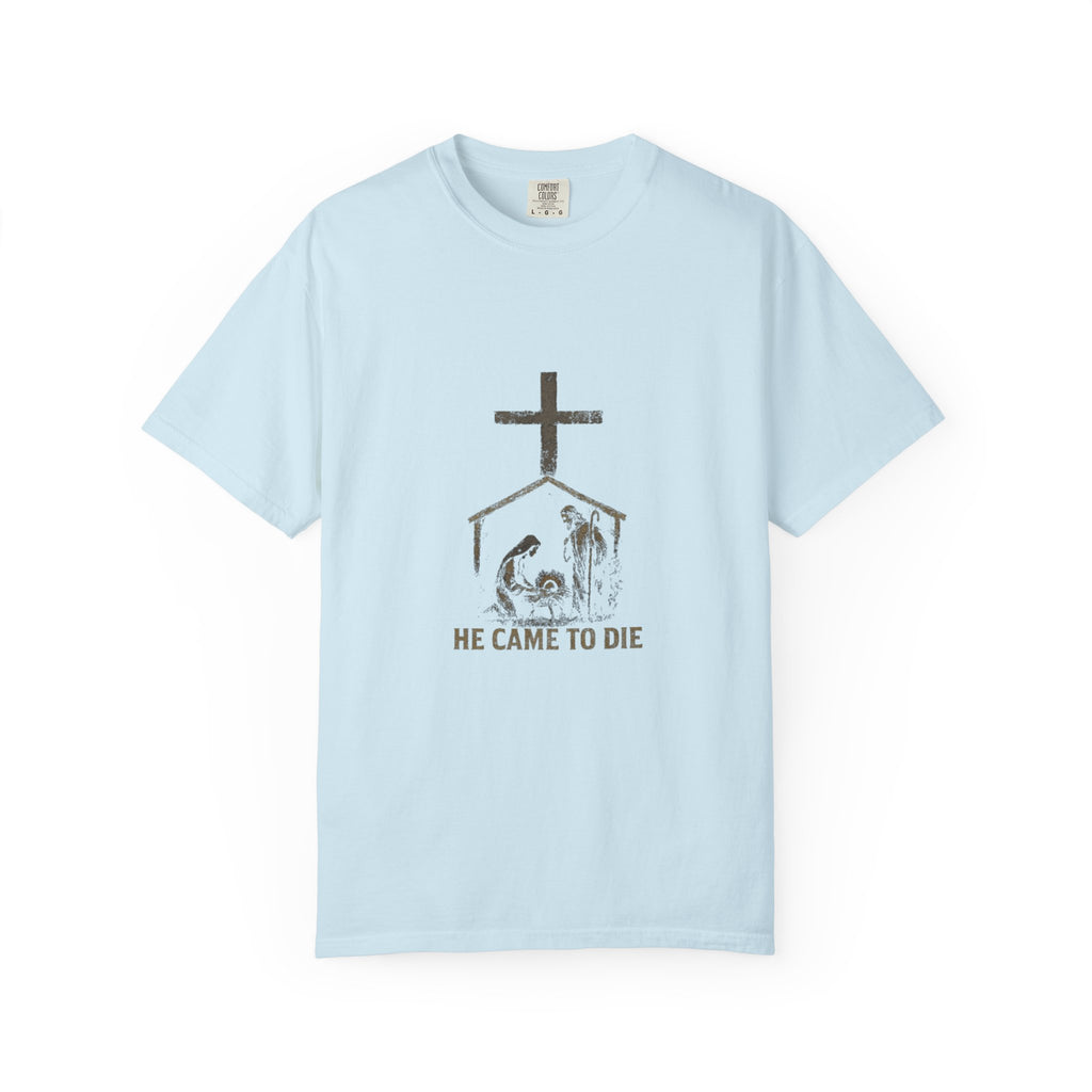Light blue t-shirt with a graphic design and text on a white background