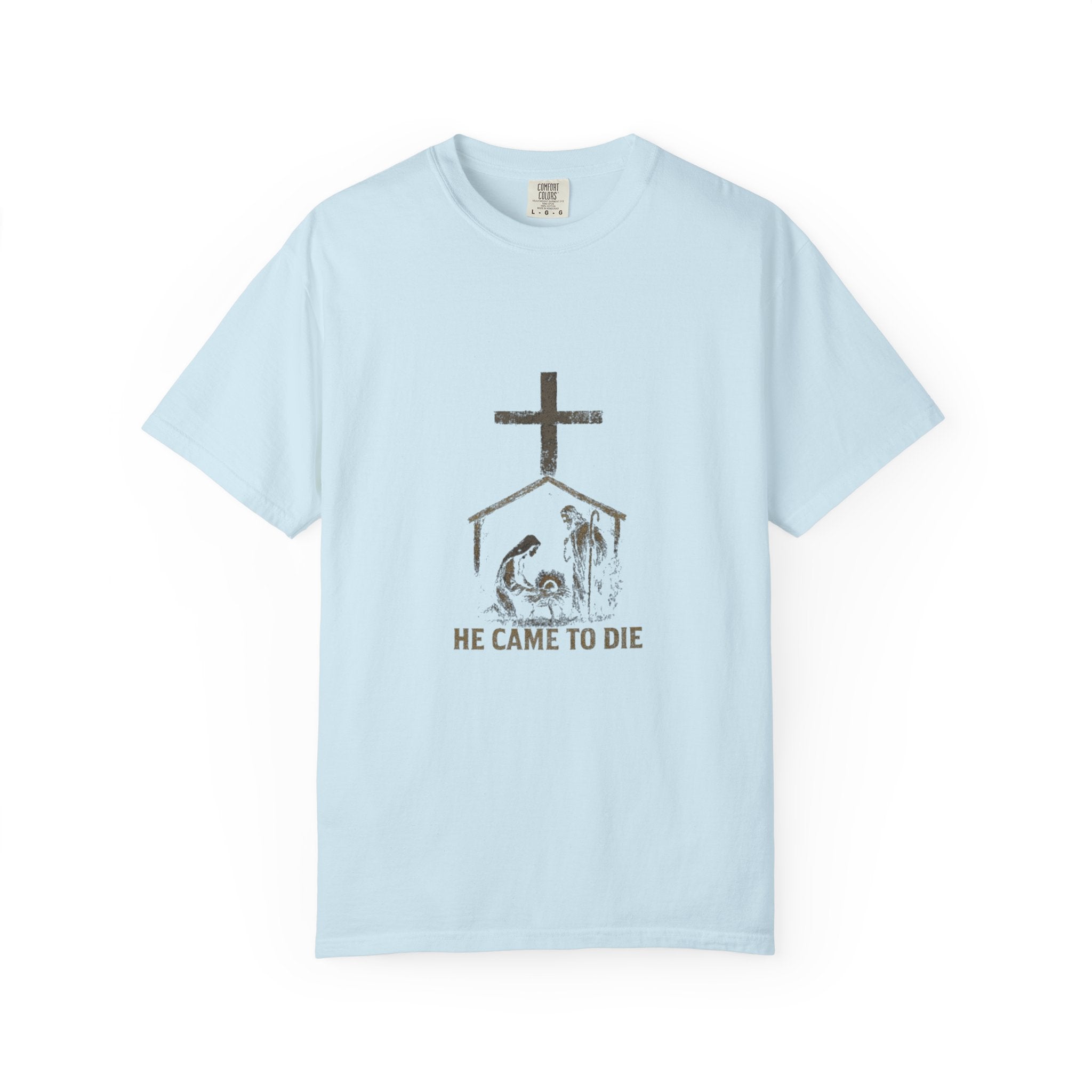 Light blue t-shirt with a graphic design and text on a white background