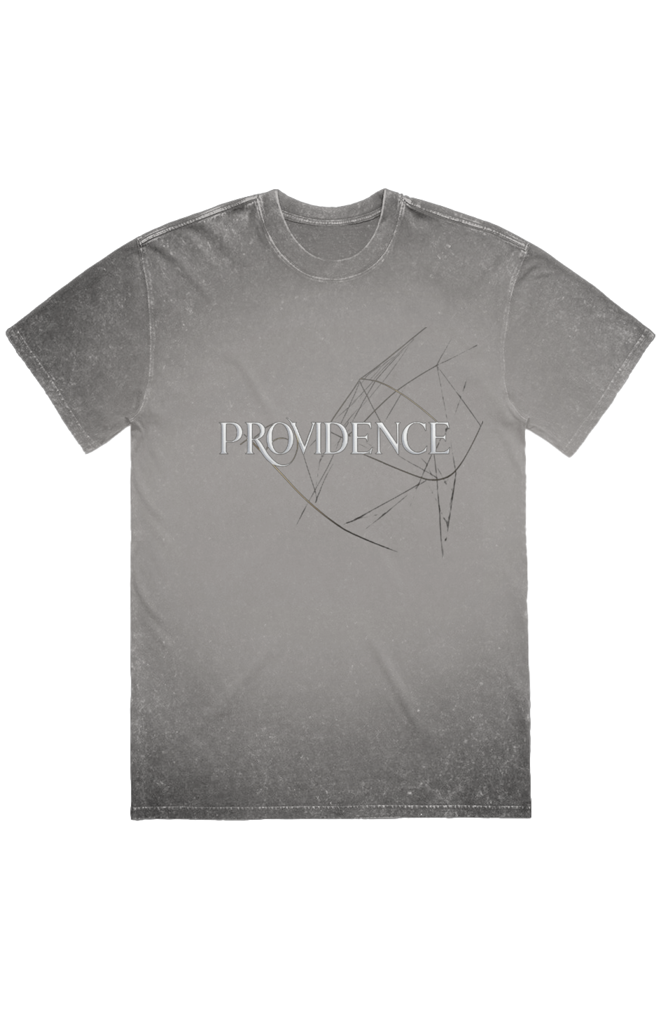 Providence Heavy Tee in Grey Stone — front view showing Romans 8:28 Providence scripture graphic, stone wash heavy Christian tee by 4HG