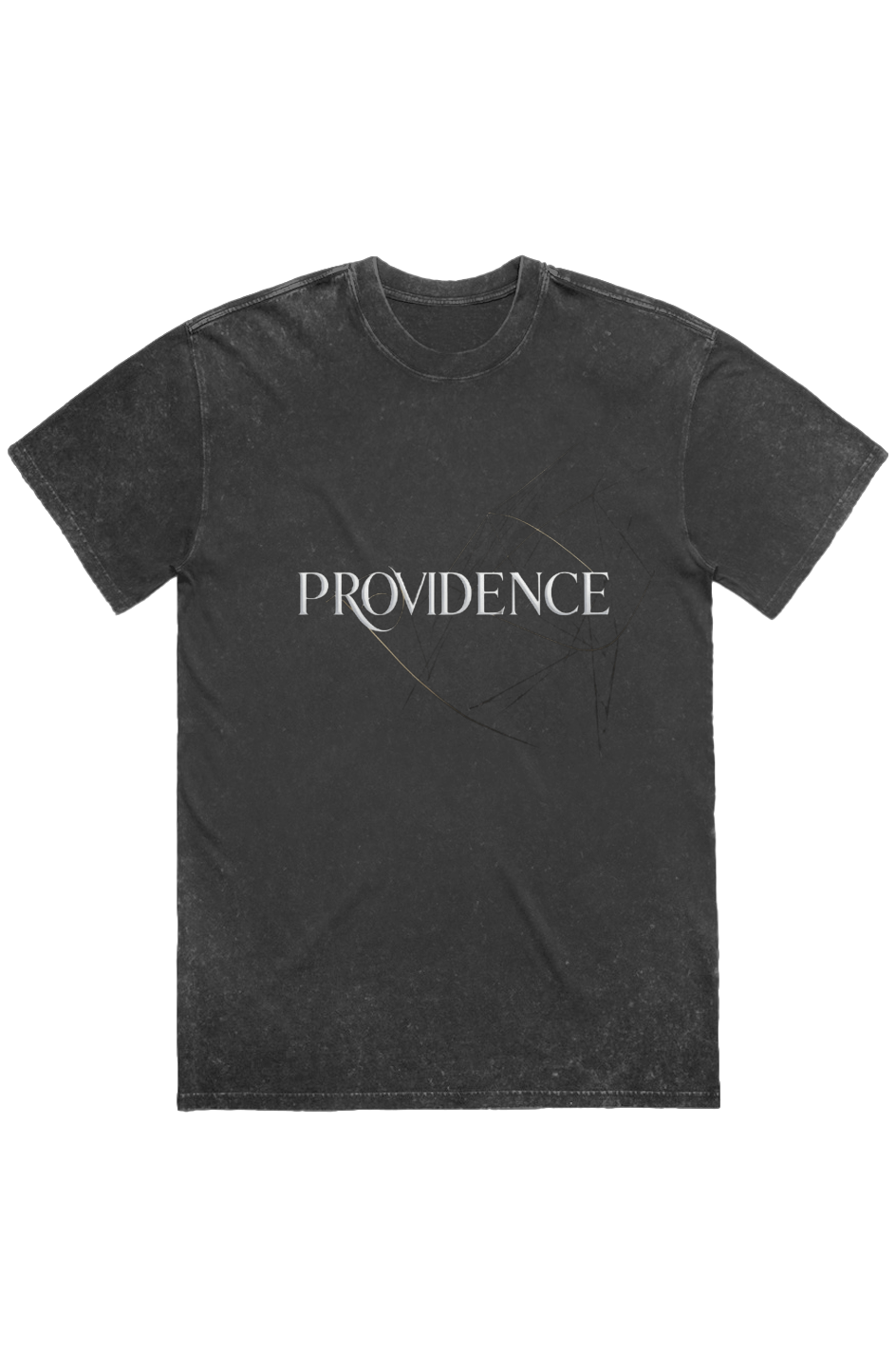 Providence Heavy Tee in Black Stone — front view showing Romans 8:28 Providence scripture graphic, stone wash heavy Christian tee by 4HG