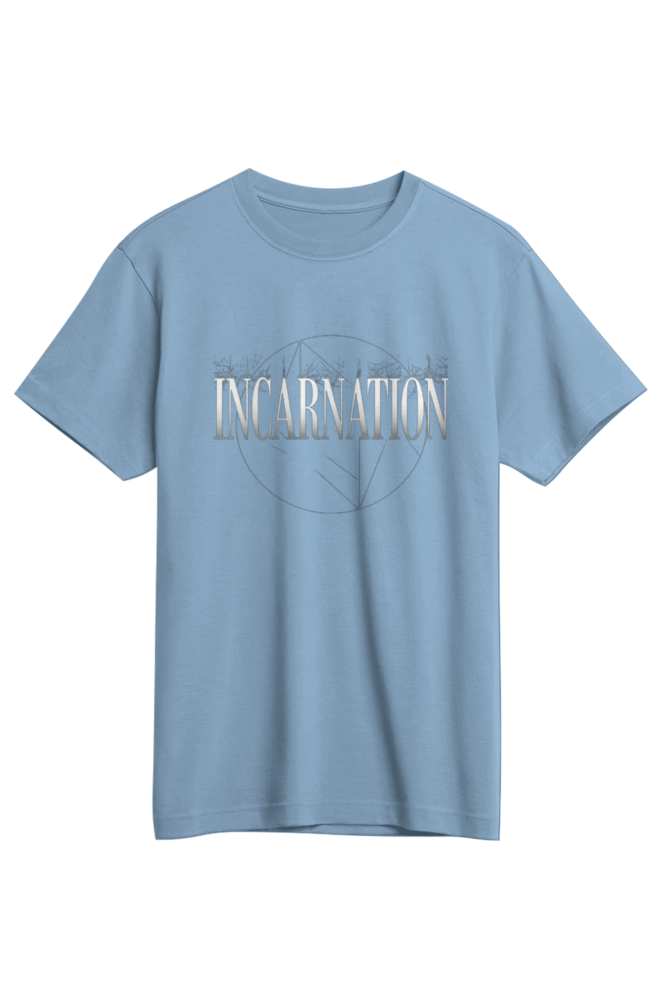 Incarnation Supima Tee in Cloudy Blue — front view showing John 1:14 The Word Became Flesh scripture graphic, premium Supima cotton Christian tee by 4HG