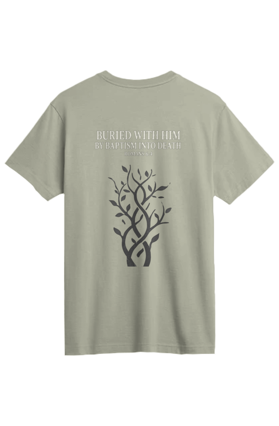 Buried With Him Supima Tee in Meadow — back view showing Romans 6:4 scripture design detail, premium Supima cotton Christian tee by 4HG