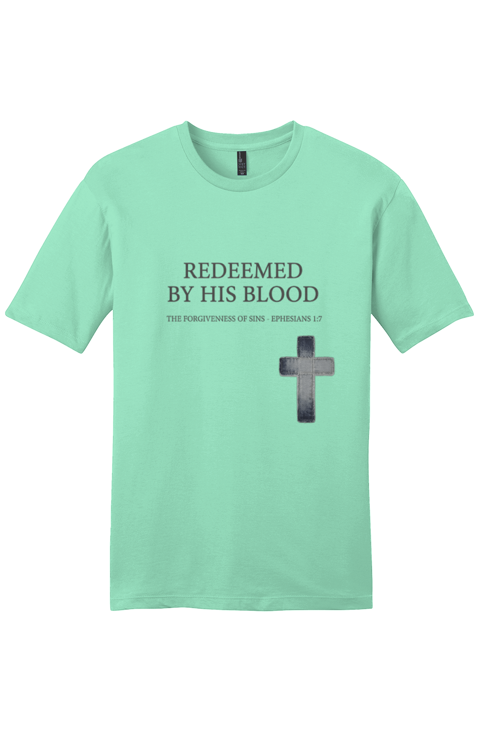 Redeemed By His Blood Premium Core Tee in Mint — front view showing 1 Peter 1:18-19 scripture graphic, Christian tee by 4HG