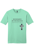 Redeemed By His Blood Premium Core Tee in Mint — front view showing 1 Peter 1:18-19 scripture graphic, Christian tee by 4HG