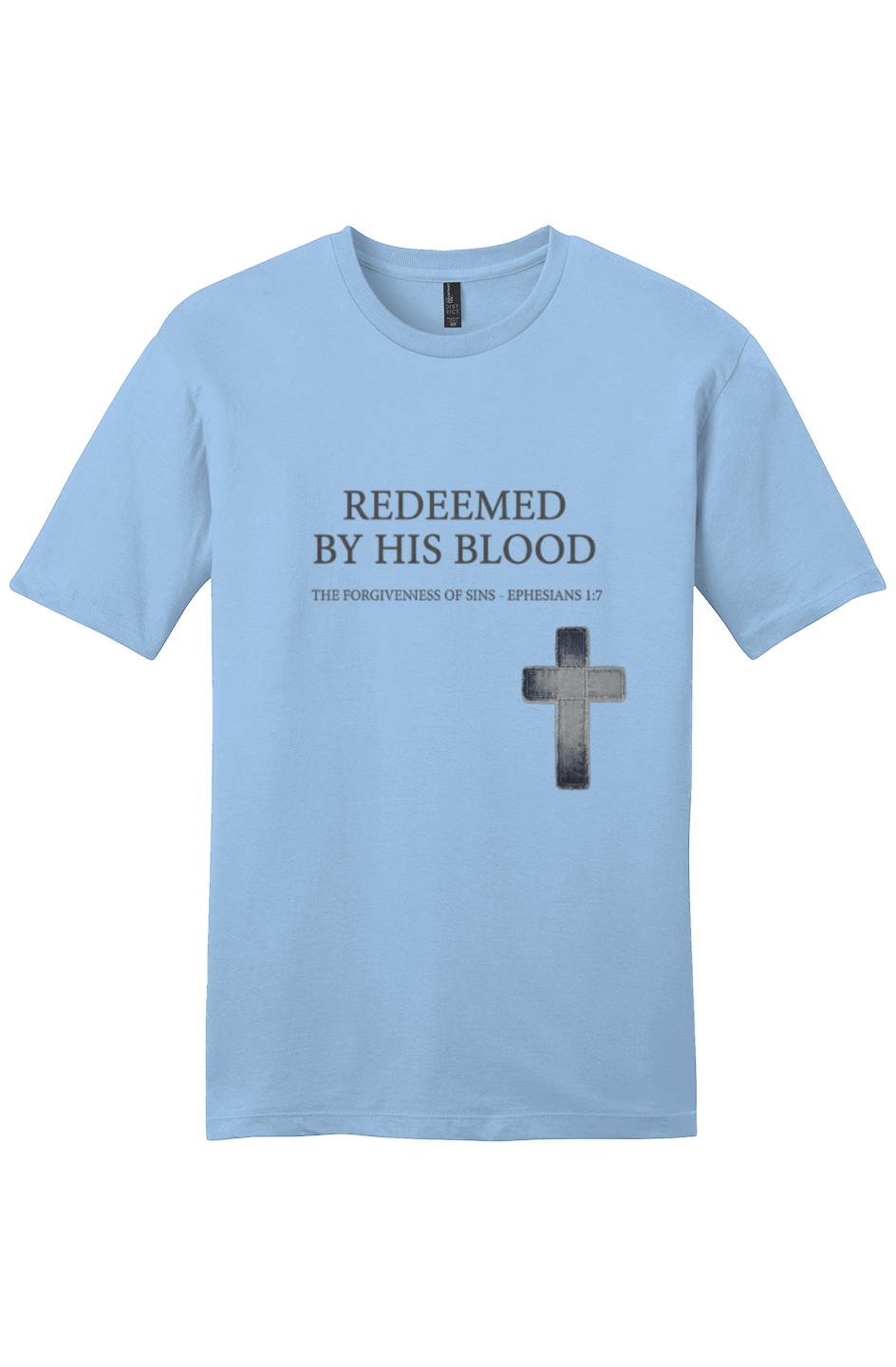 Redeemed By His Blood Premium Core Tee in Ice Blue — front view showing 1 Peter 1:18-19 scripture graphic, Christian tee by 4HG