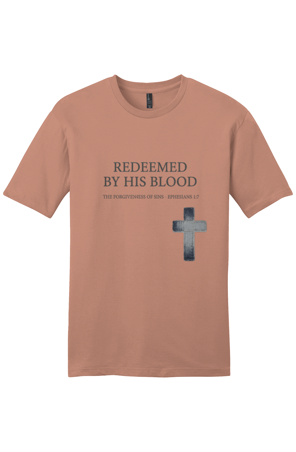 Redeemed By His Blood Premium Core Tee in Desert Rose — front view showing 1 Peter 1:18-19 scripture graphic, Christian tee by 4HG