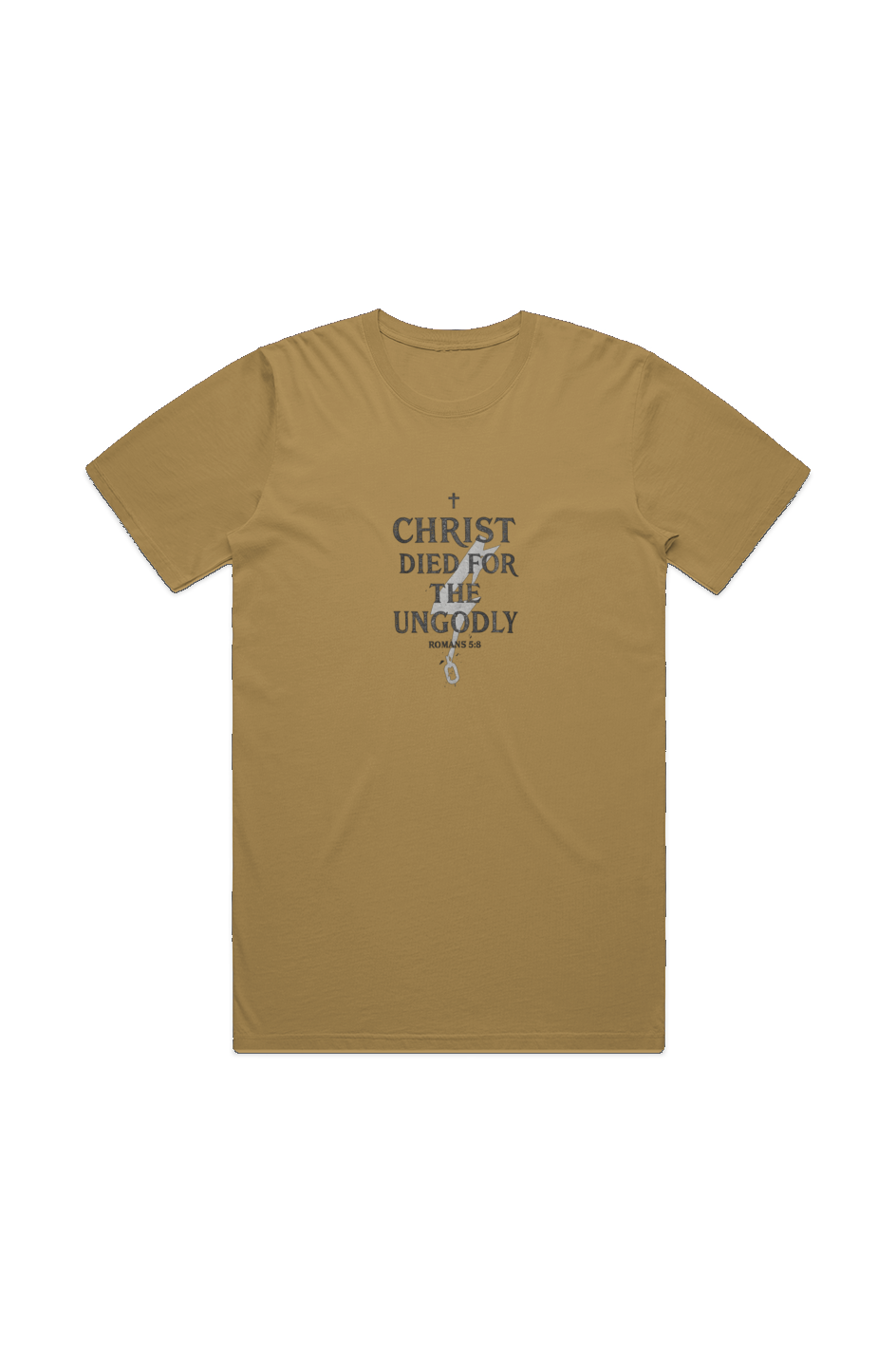 Christ Died for the Ungodly Tee in Faded Mustard — front view showing Romans 5:8 scripture graphic, garment-dyed Christian tee by 4HG