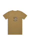 Christ Died for the Ungodly Tee in Faded Mustard — front view showing Romans 5:8 scripture graphic, garment-dyed Christian tee by 4HG
