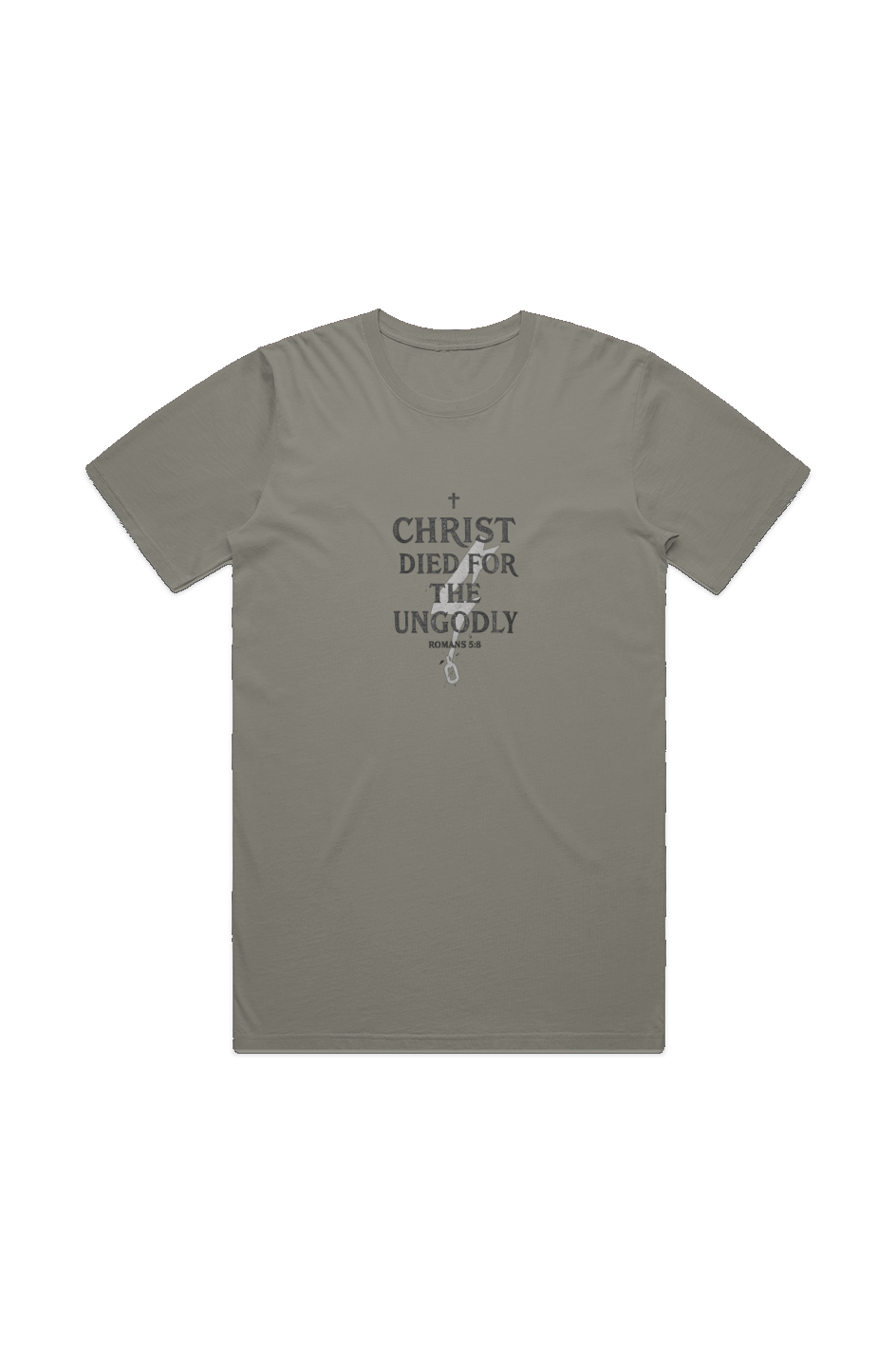 Christ Died for the Ungodly Tee in Faded Dust — front view showing Romans 5:8 scripture graphic, garment-dyed Christian tee by 4HG