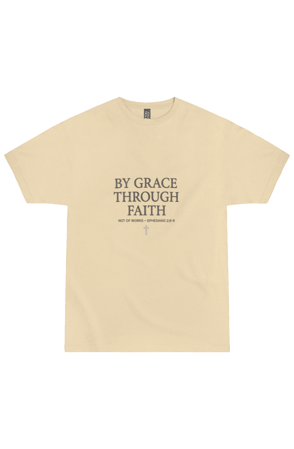 By Grace Through Faith Men's Premium Tee in Vintage Gold — front view showing Ephesians 2:8-9 scripture graphic, Christian tee by 4HG