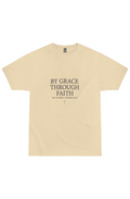 By Grace Through Faith Men's Premium Tee in Vintage Gold — front view showing Ephesians 2:8-9 scripture graphic, Christian tee by 4HG