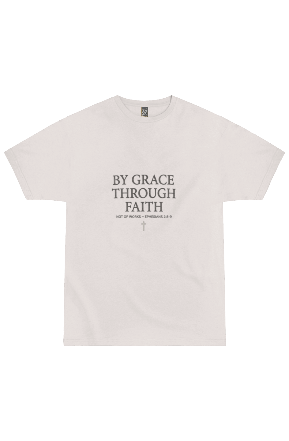 By Grace Through Faith Men's Premium Tee in Bone — front view showing Ephesians 2:8-9 scripture graphic, Christian tee by 4HG