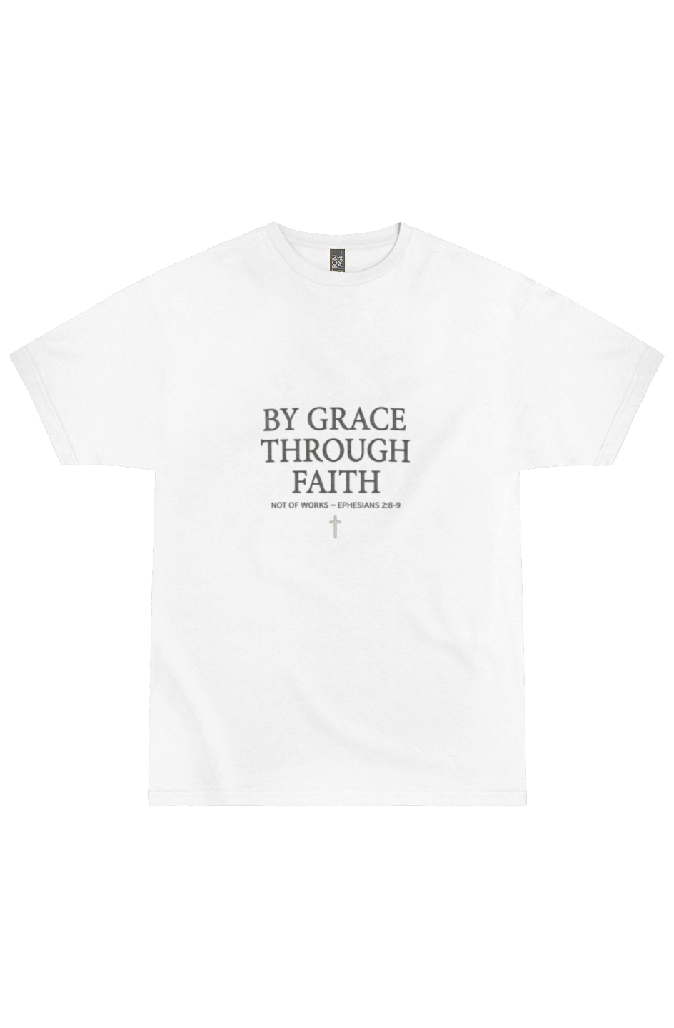 By Grace Through Faith Men's Premium Tee in White — front view showing Ephesians 2:8-9 scripture graphic, Christian tee by 4HG