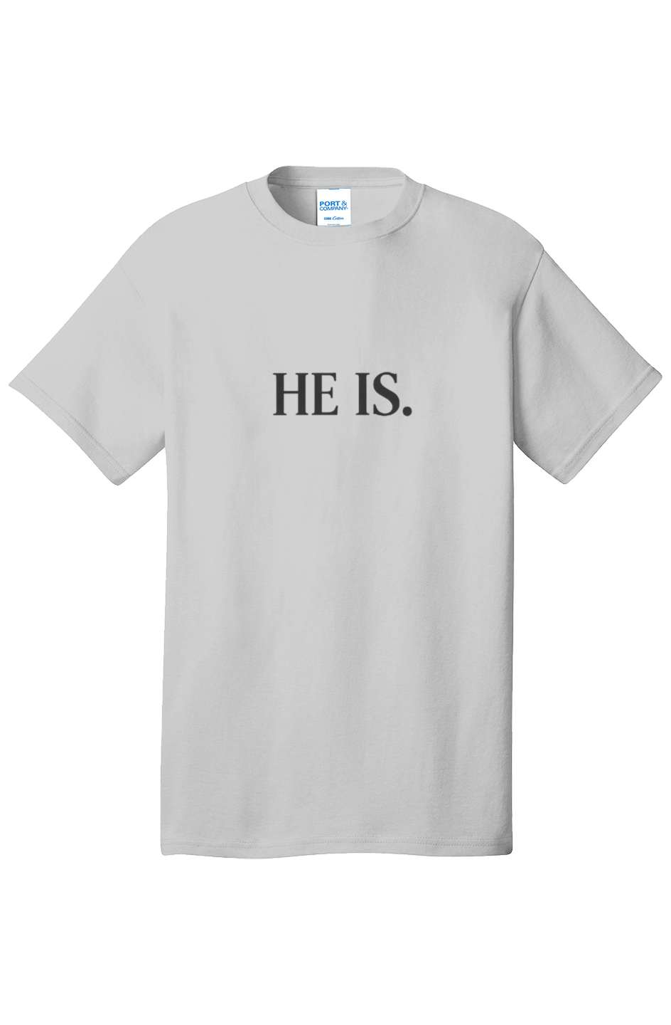 He Is Core Cotton Tee in Silver — front view showing I AM Exodus 3:14 John 8:58 scripture graphic, Christian tee by 4HG