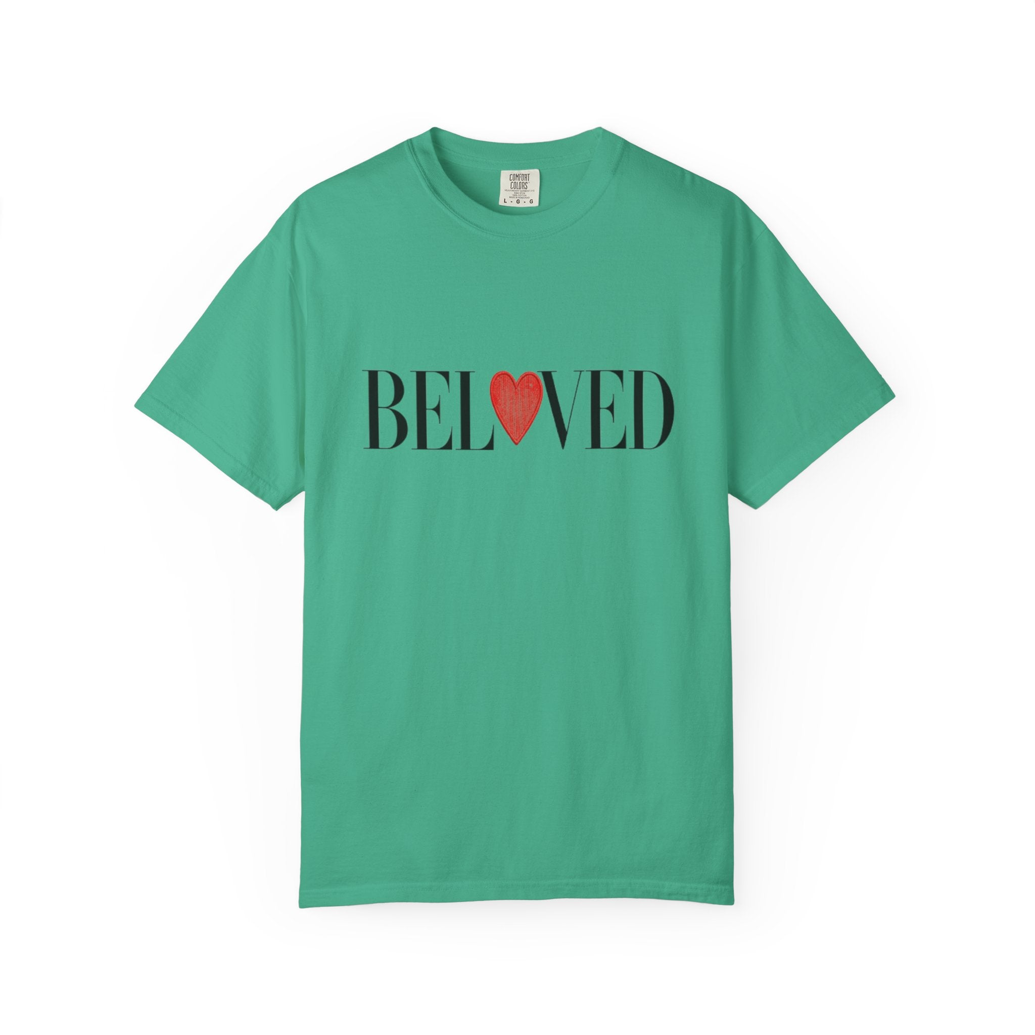 Green t-shirt with 'BELoved' text and red heart on a white background