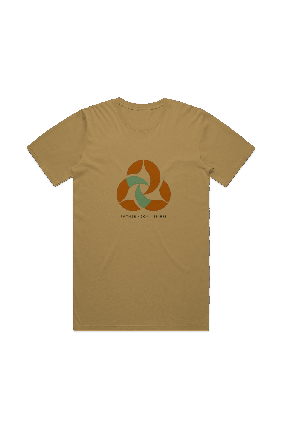 Trinity Men's Staple Faded Tee in Faded Mustard — front view showing Trinity scripture design, garment-dyed Christian tee by 4HG