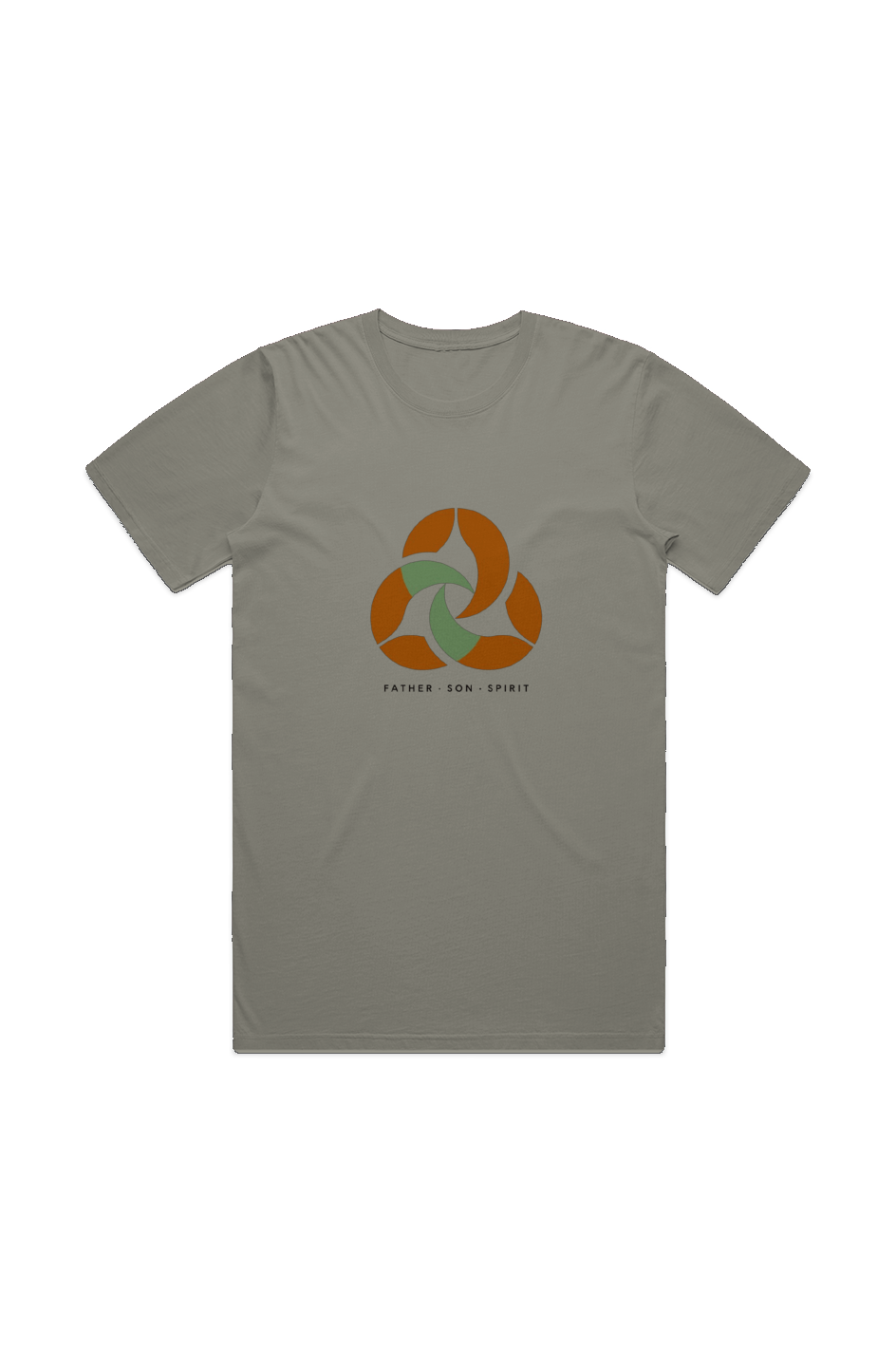 Trinity Men's Staple Faded Tee in Faded Dust — front view showing Trinity scripture design, garment-dyed Christian tee by 4HG