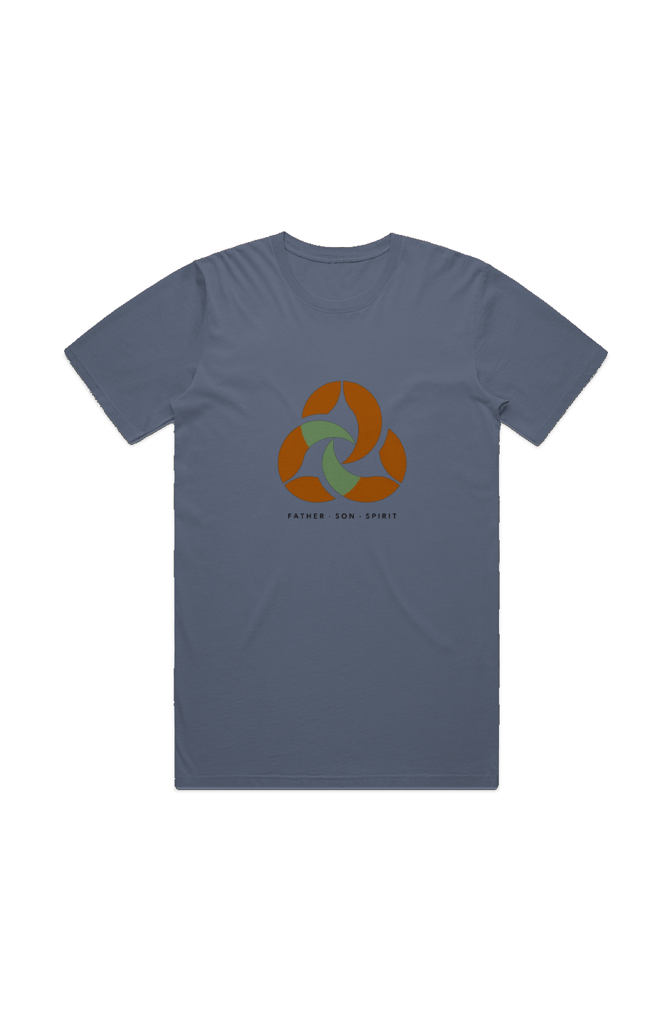 Trinity Men's Staple Faded Tee in Faded Blue — front view showing Trinity scripture design, garment-dyed Christian tee by 4HG