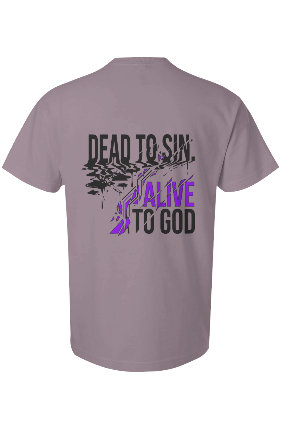 Dead to Sin Alive to God Super Heavyweight Tee in Smokey Violet — back view showing scripture design detail, 9 oz. oversized Christian tee by 4H