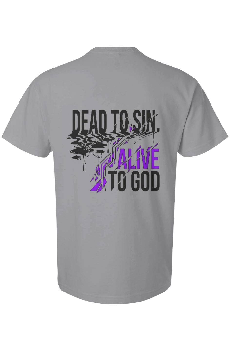 Dead to Sin Alive to God Super Heavyweight Tee in Gravel — back view showing scripture design detail, 9 oz. oversized Christian tee by 4HG