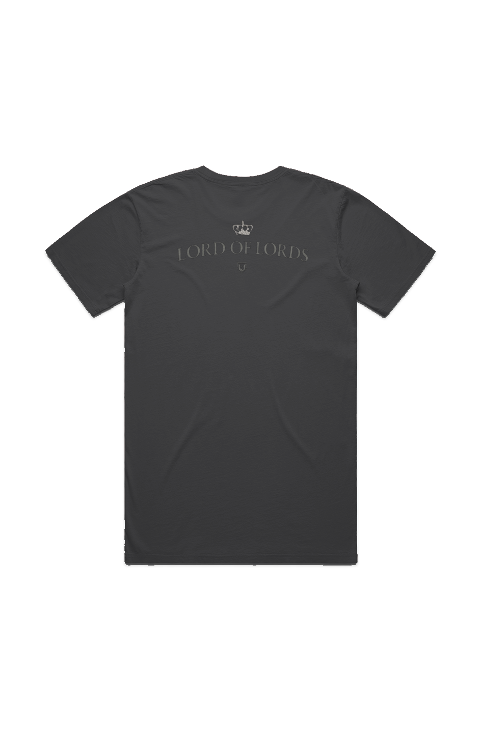 Lord of Lords Men's Faded Tee in Faded Black — back view showing scripture design detail, garment-dyed Christian tee by 4HG