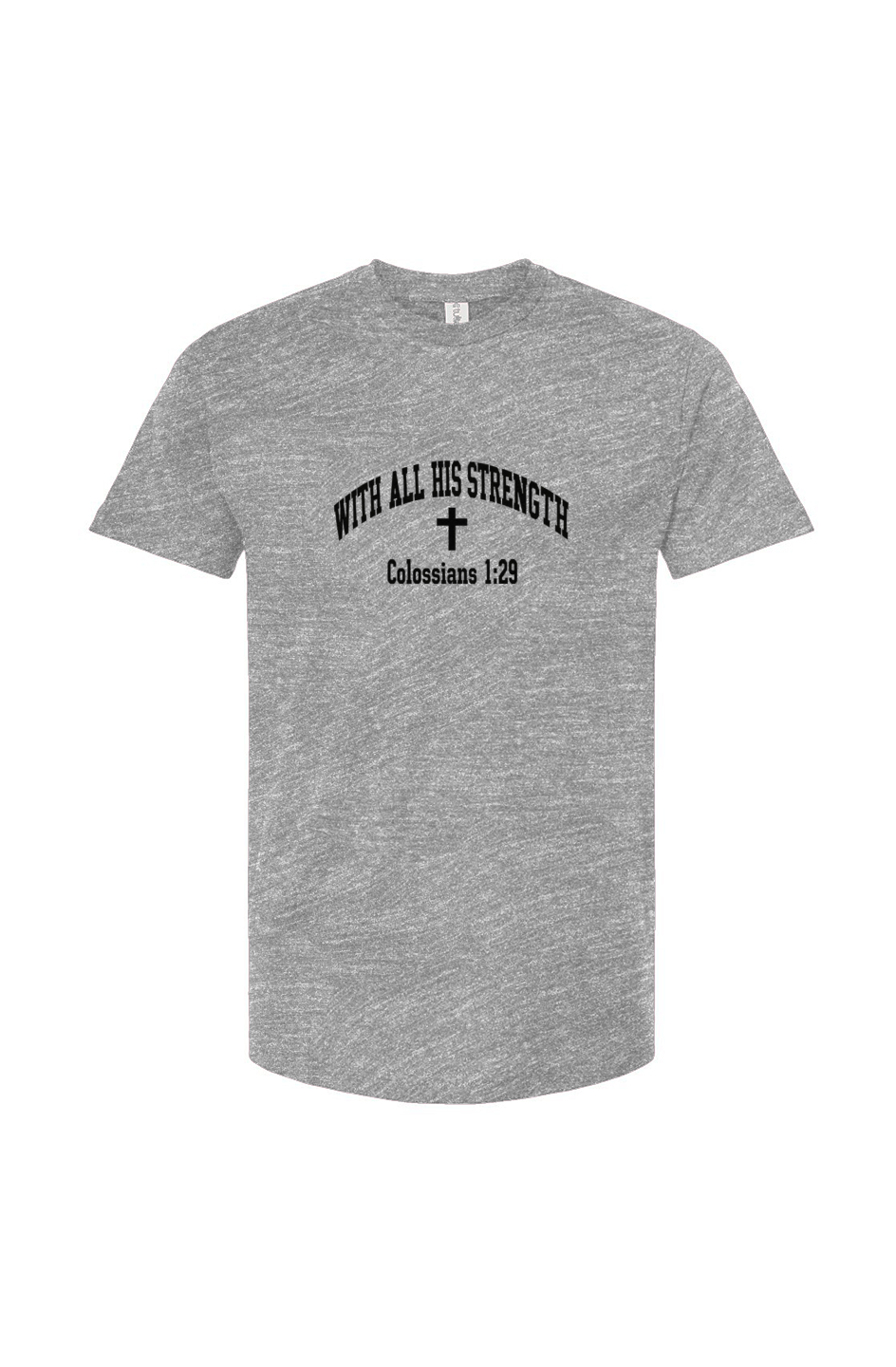 With All His Strength Faith Graphic Tee in Heather Grey — Philippians 4:13 scripture design, ring-spun cotton Christian tee by 4HG