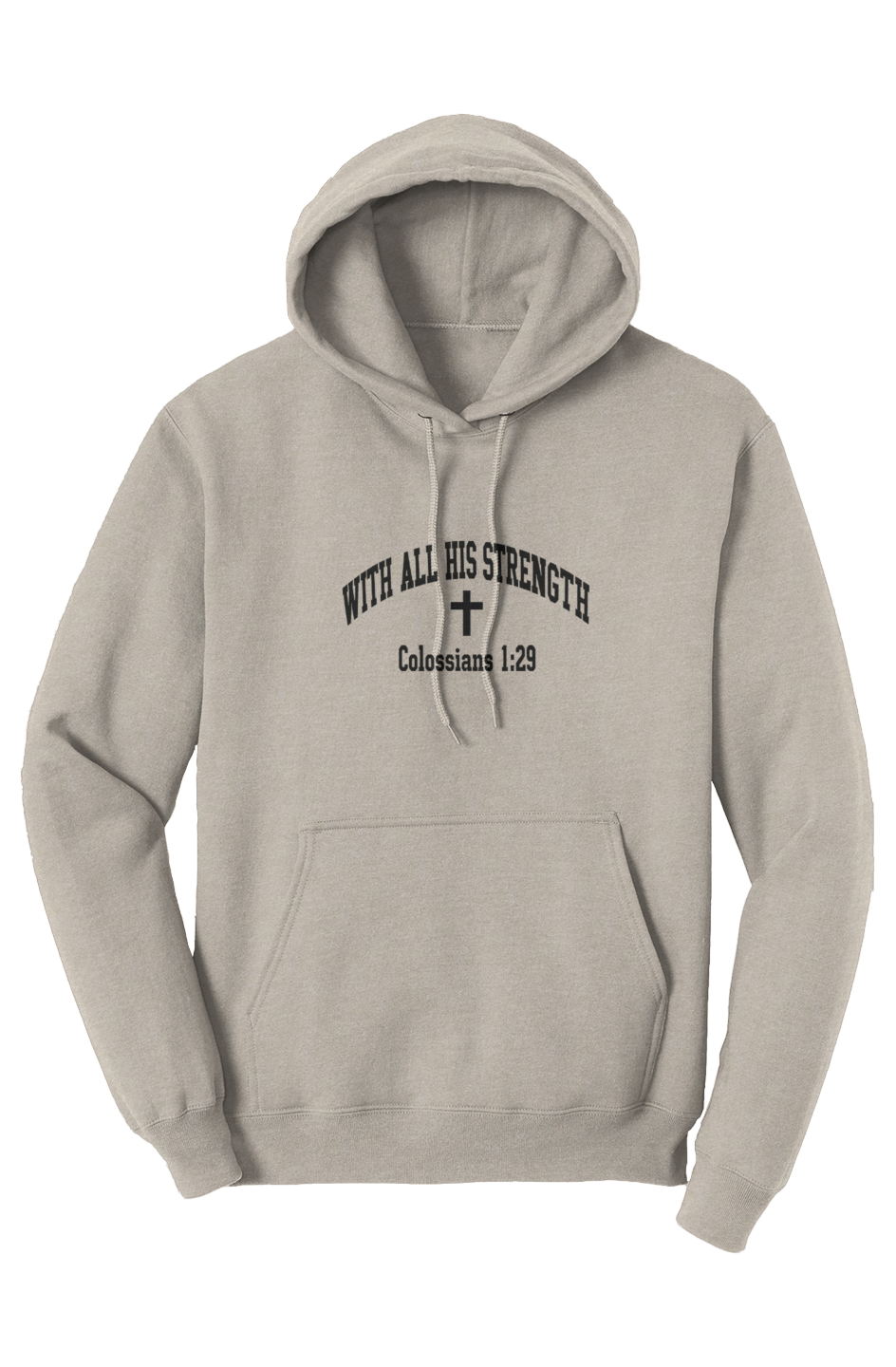 With All His Strength Faith Pullover Hoodie in Oatmeal Heather — Philippians 4:13 scripture design, premium fleece Christian hoodie by 4HG