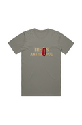 Theos Anthropos God-Man Faded Tee in Faded Dust — front view showing Greek theology graphic, John 1:14 scripture design, garment-dyed Christian tee by 4HG