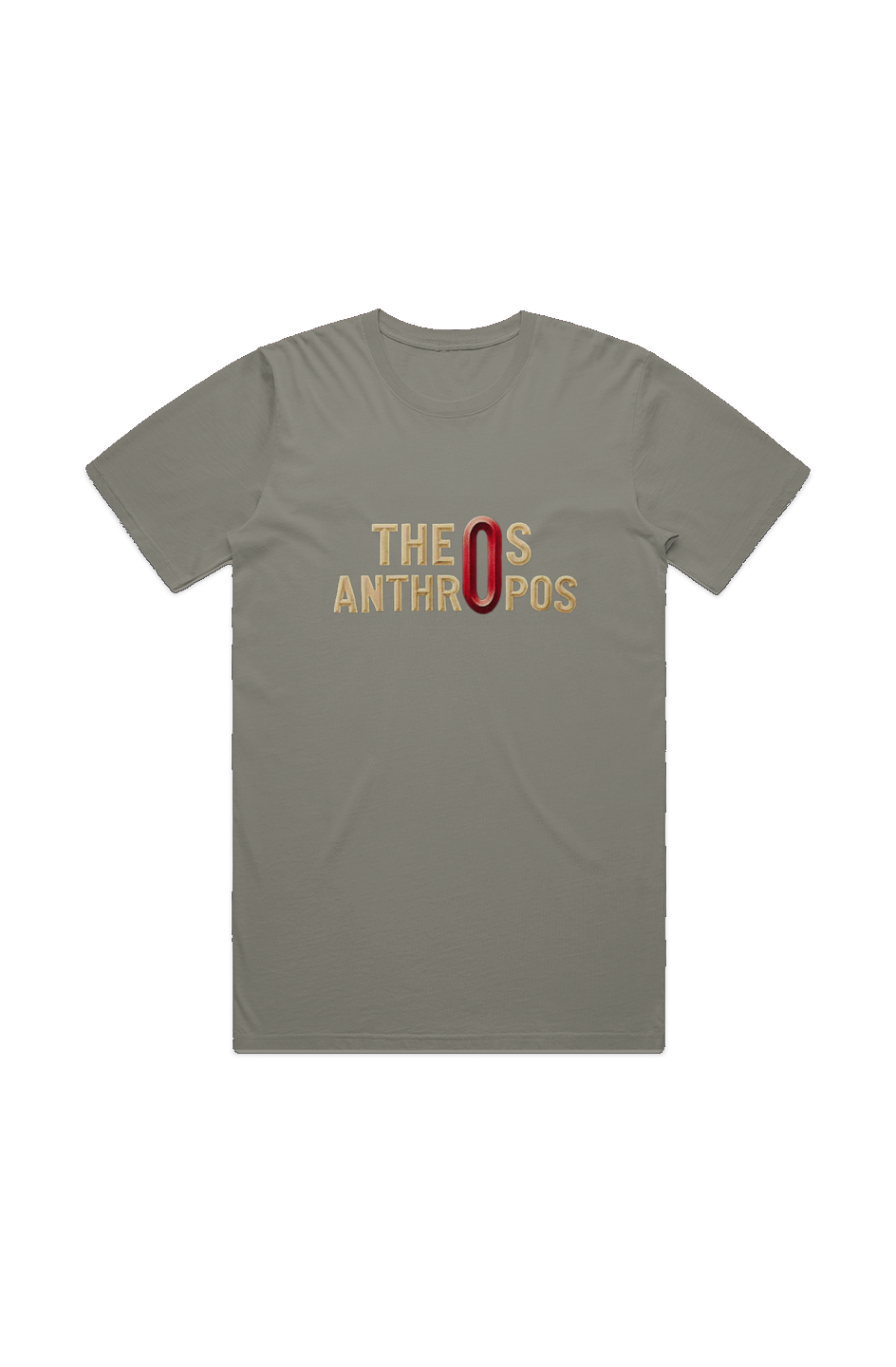 Theos Anthropos God-Man Faded Tee in Faded Dust — front view showing Greek theology graphic, John 1:14 scripture design, garment-dyed Christian tee by 4HG