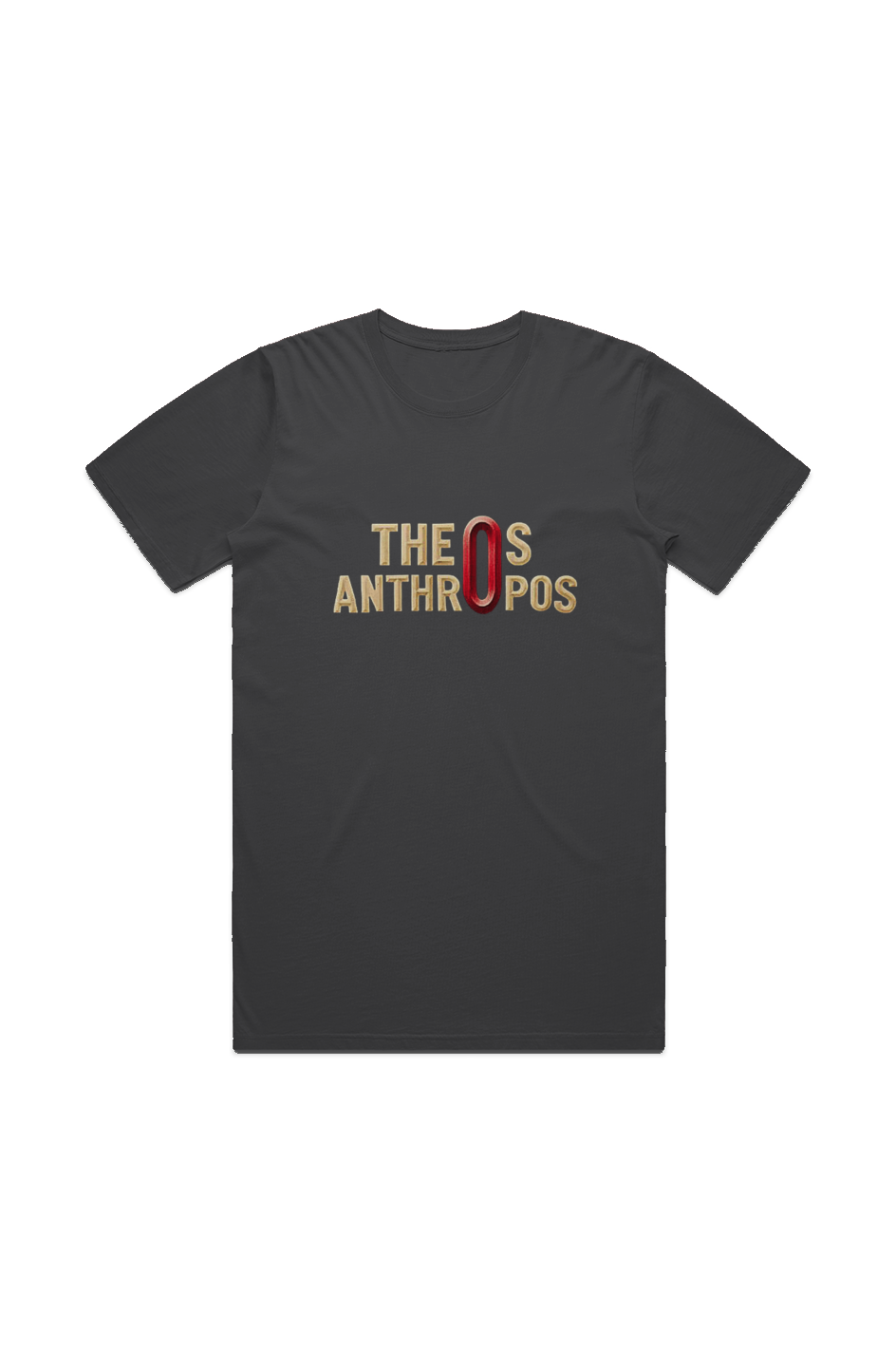 Theos Anthropos God-Man Faded Tee in Faded Black — front view showing Greek theology graphic, John 1:14 scripture design, garment-dyed Christian tee by 4HG