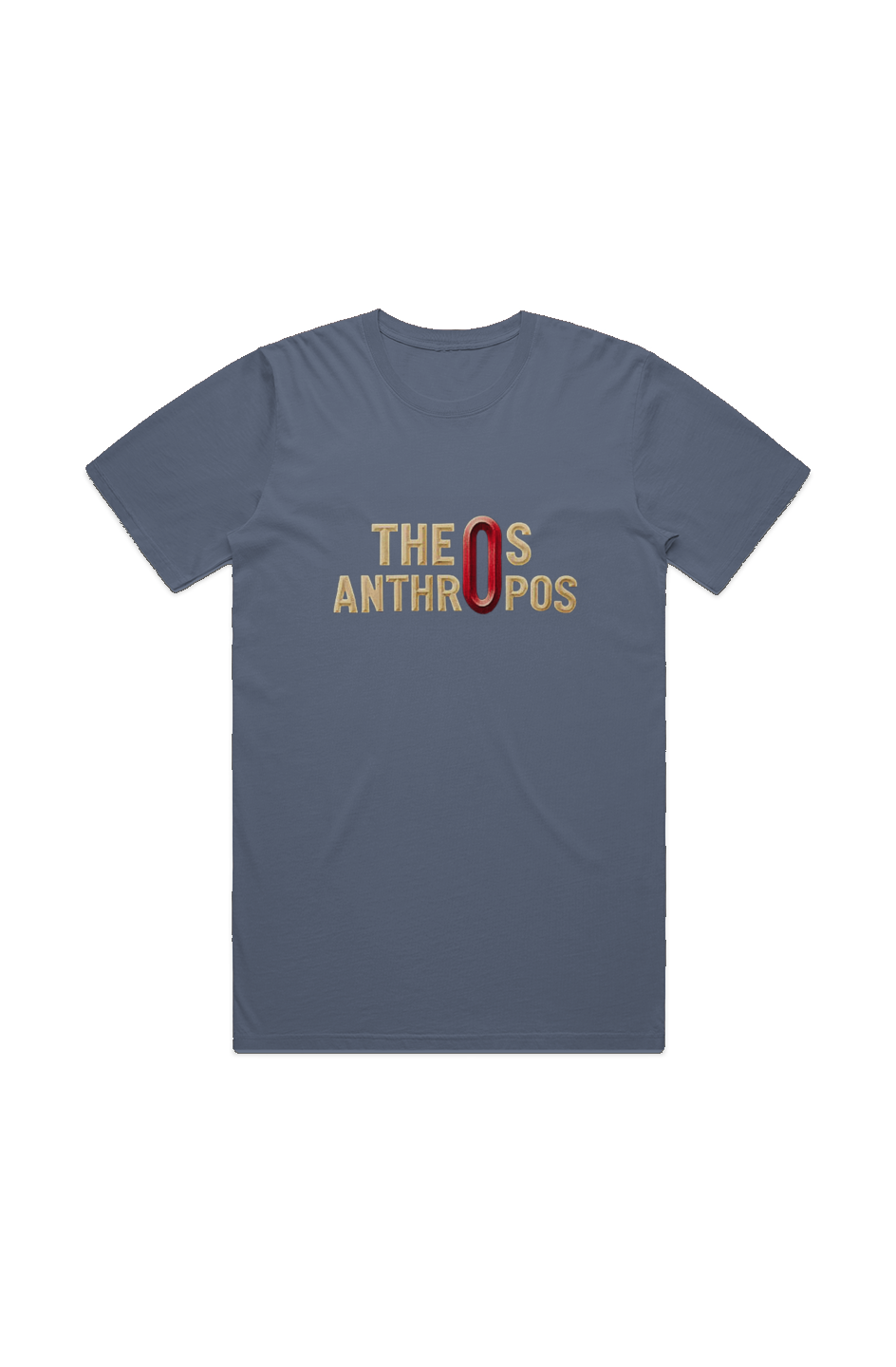 Theos Anthropos God-Man Faded Tee in Faded Blue — front view showing Greek theology graphic, John 1:14 scripture design, garment-dyed Christian tee by 4HG