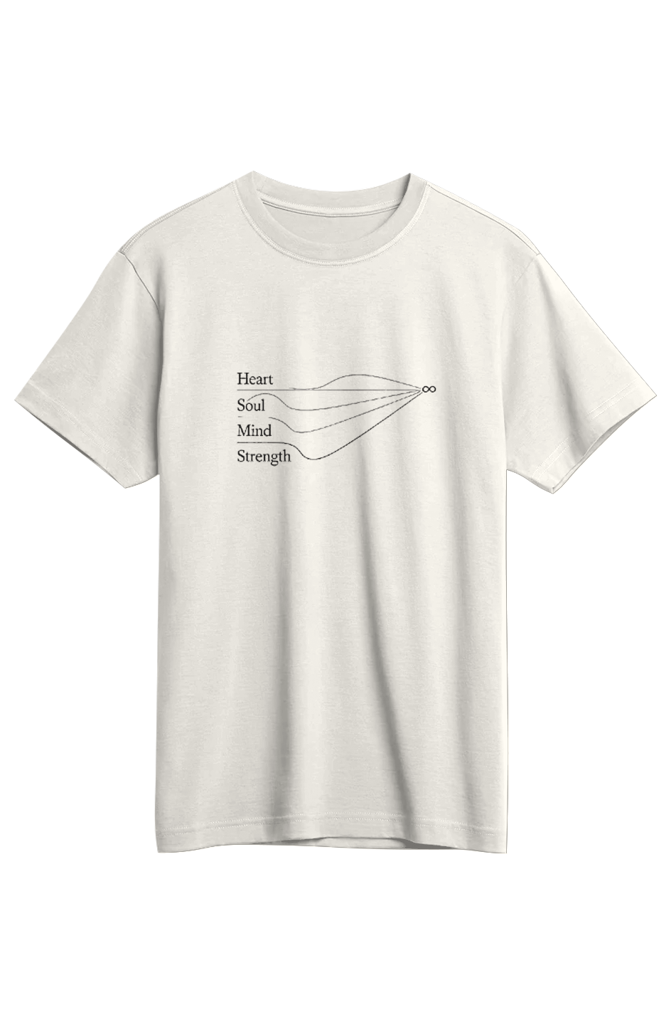 Heart Soul Mind Strength Supima Tee in Natural — front view showing Mark 12:30 scripture graphic, premium SUPIMA cotton Christian tee by 4HG