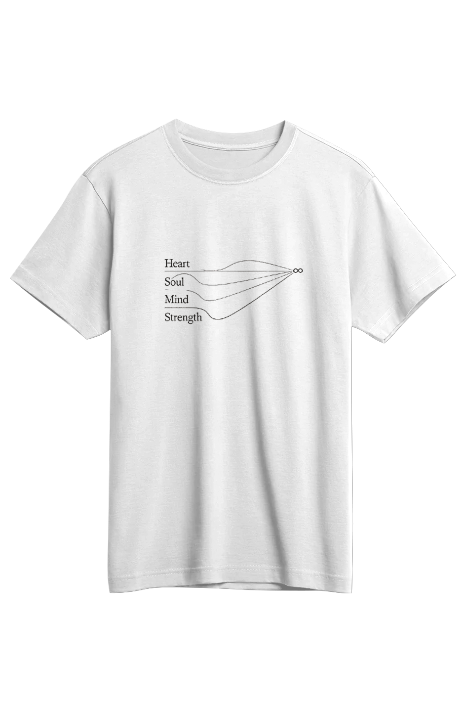Heart Soul Mind Strength Supima Tee in White — front view showing Mark 12:30 scripture graphic, premium SUPIMA cotton Christian tee by 4HG