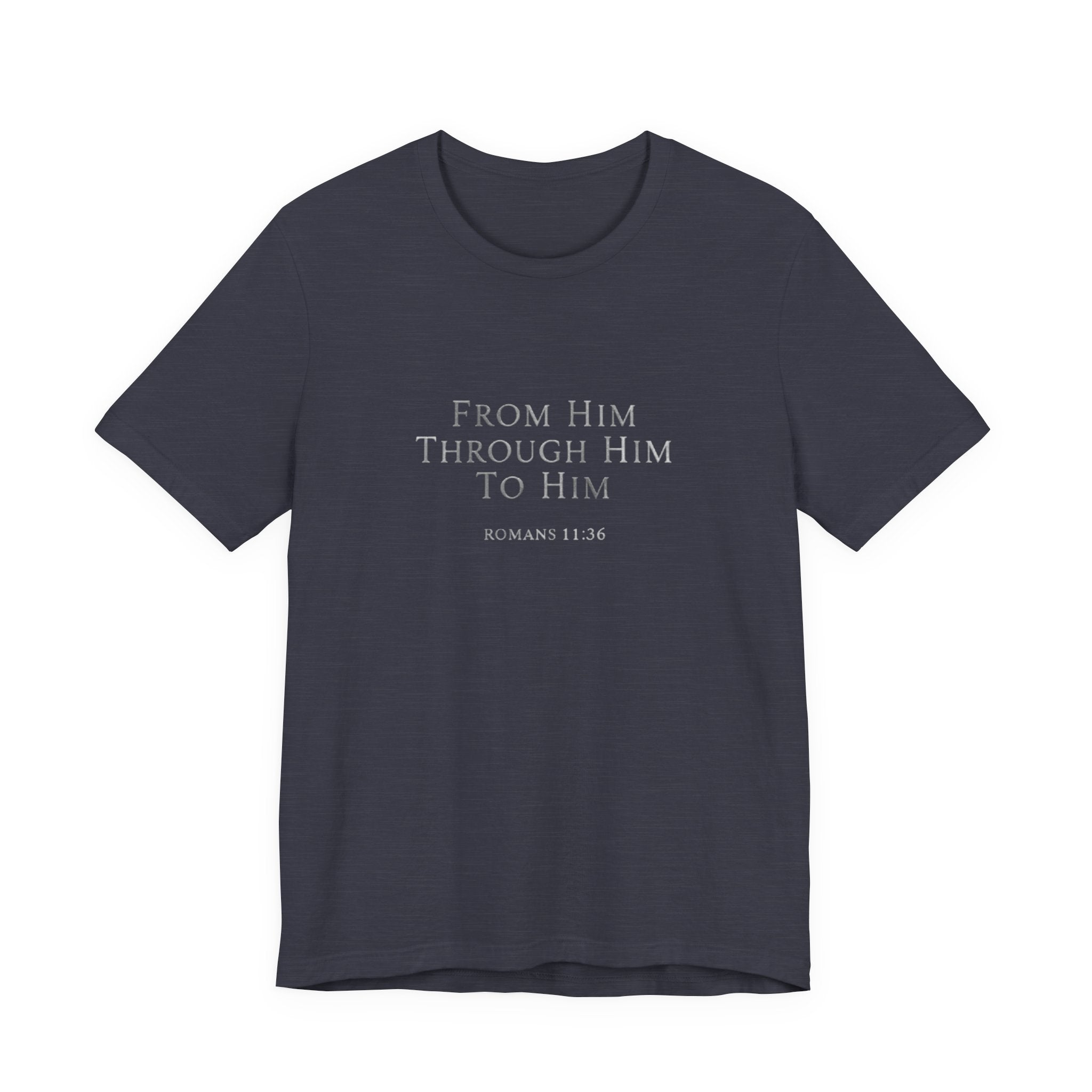 Navy blue t-shirt with white text on a white background