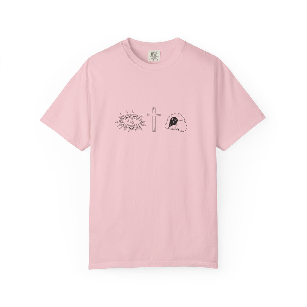 Pink t-shirt with graphic designs on a white background