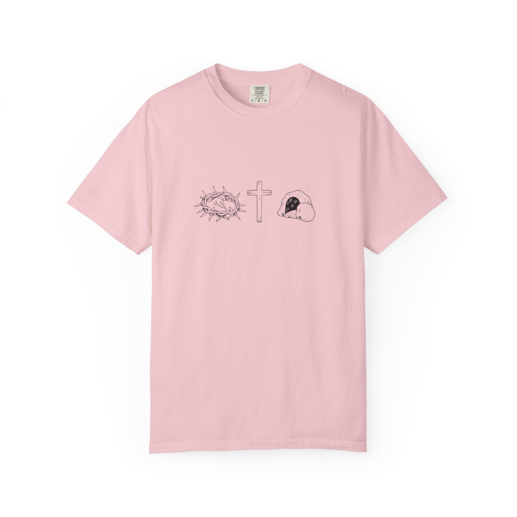 Pink t-shirt with graphic designs on a white background