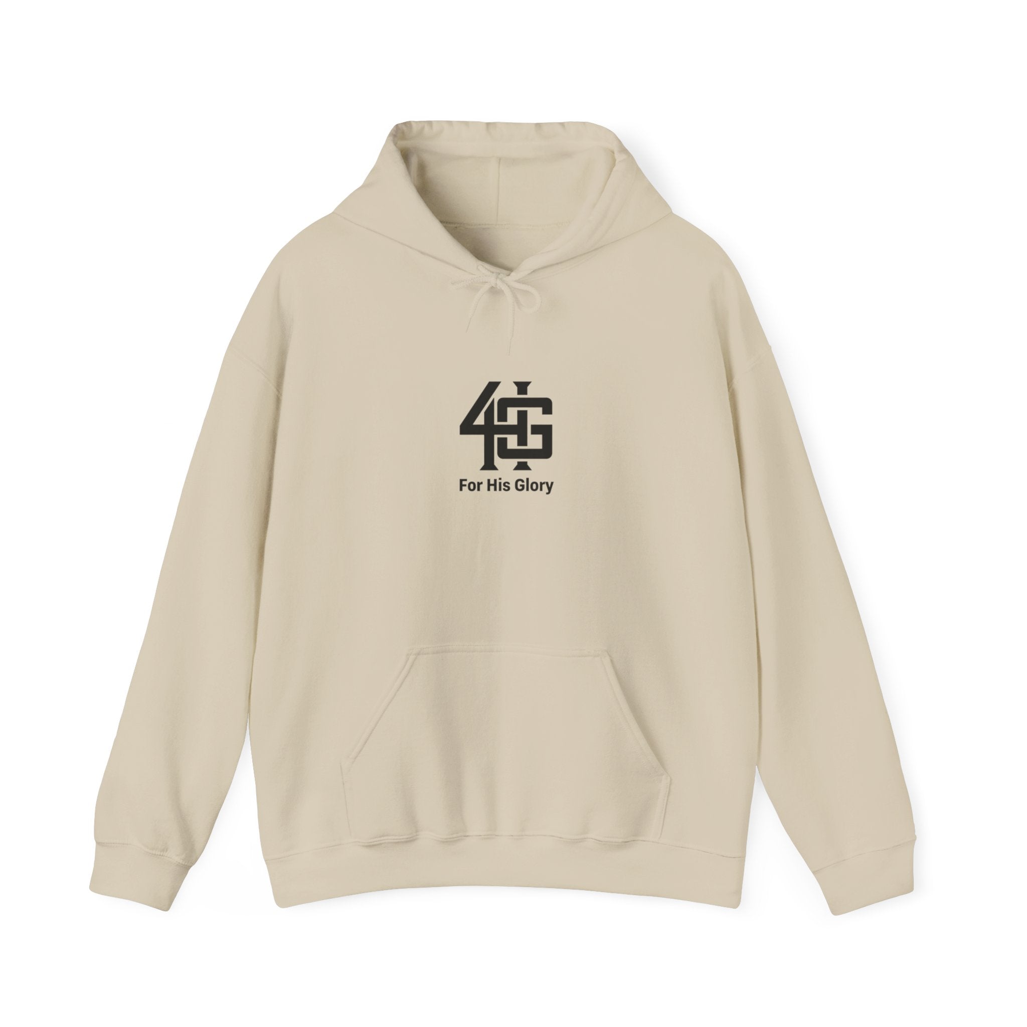 Beige hoodie with black logo and text on a white background