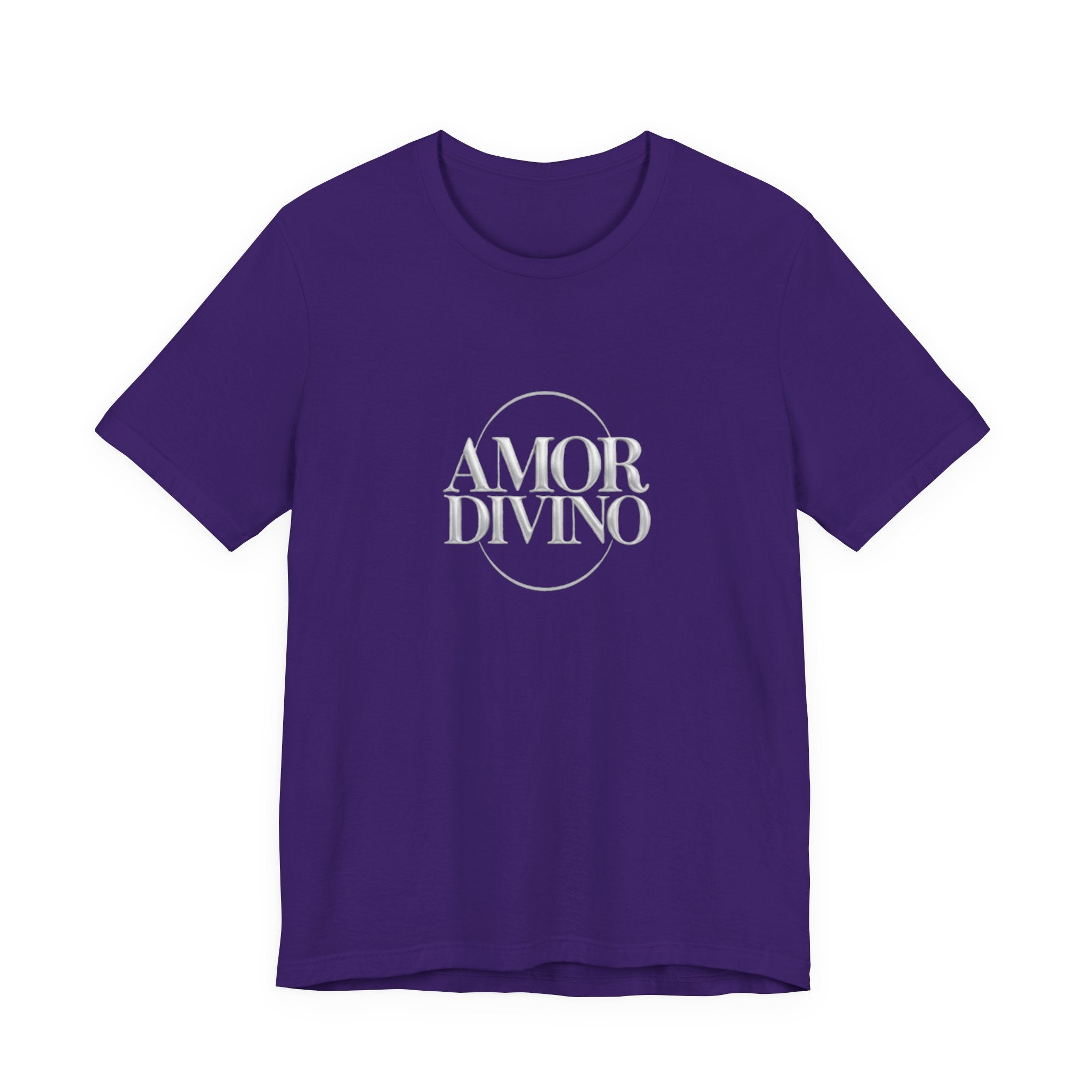 Purple t-shirt with 'AMOR DIVINO' text on a white background
