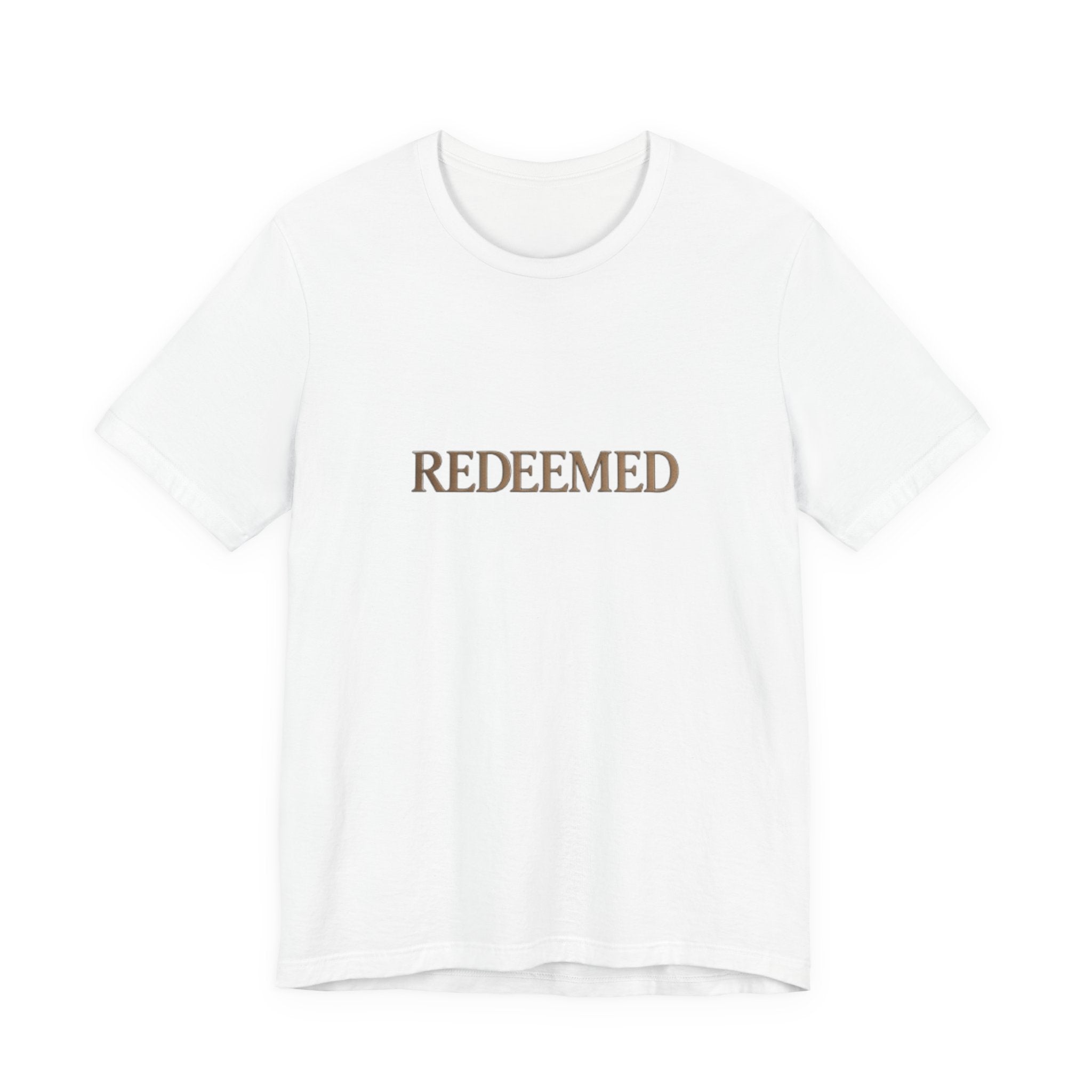 White t-shirt with 'REDEEMED' text in gold on a white background