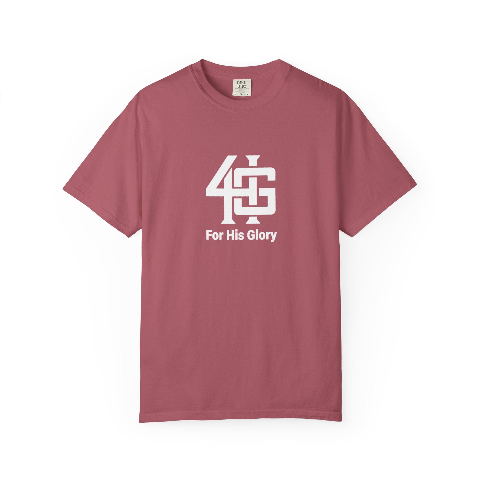 Maroon t-shirt with white logo and text on a white background