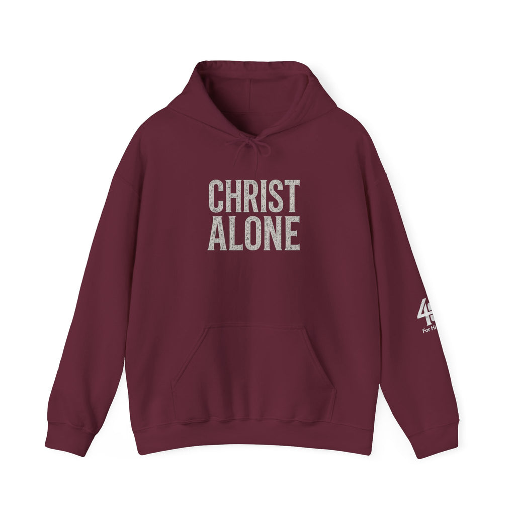 Maroon hoodie with 'CHRIST ALONE' text on a white background
