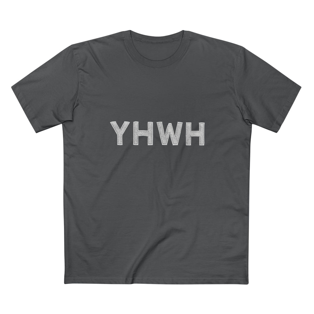 YHWH Tee in Charcoal — front view showing sacred Hebrew name of God design, Exodus 3:14 faith tee by 4H