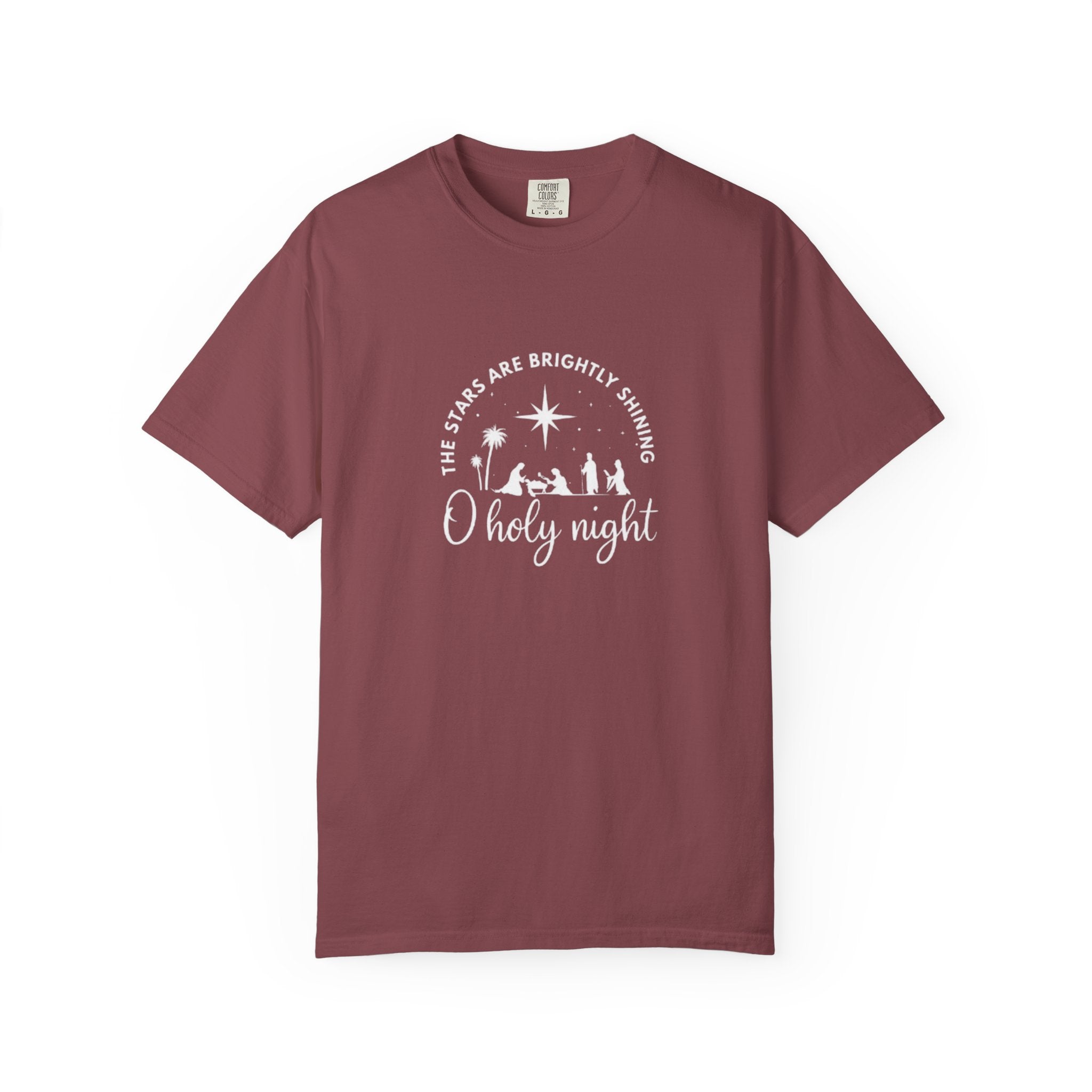 Maroon t-shirt with Christmas design and text on a white background