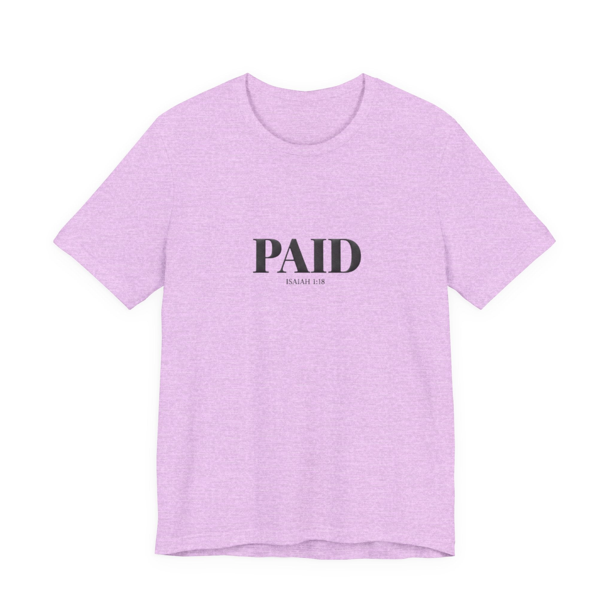 Purple t-shirt with 'PAID' text on a white background
