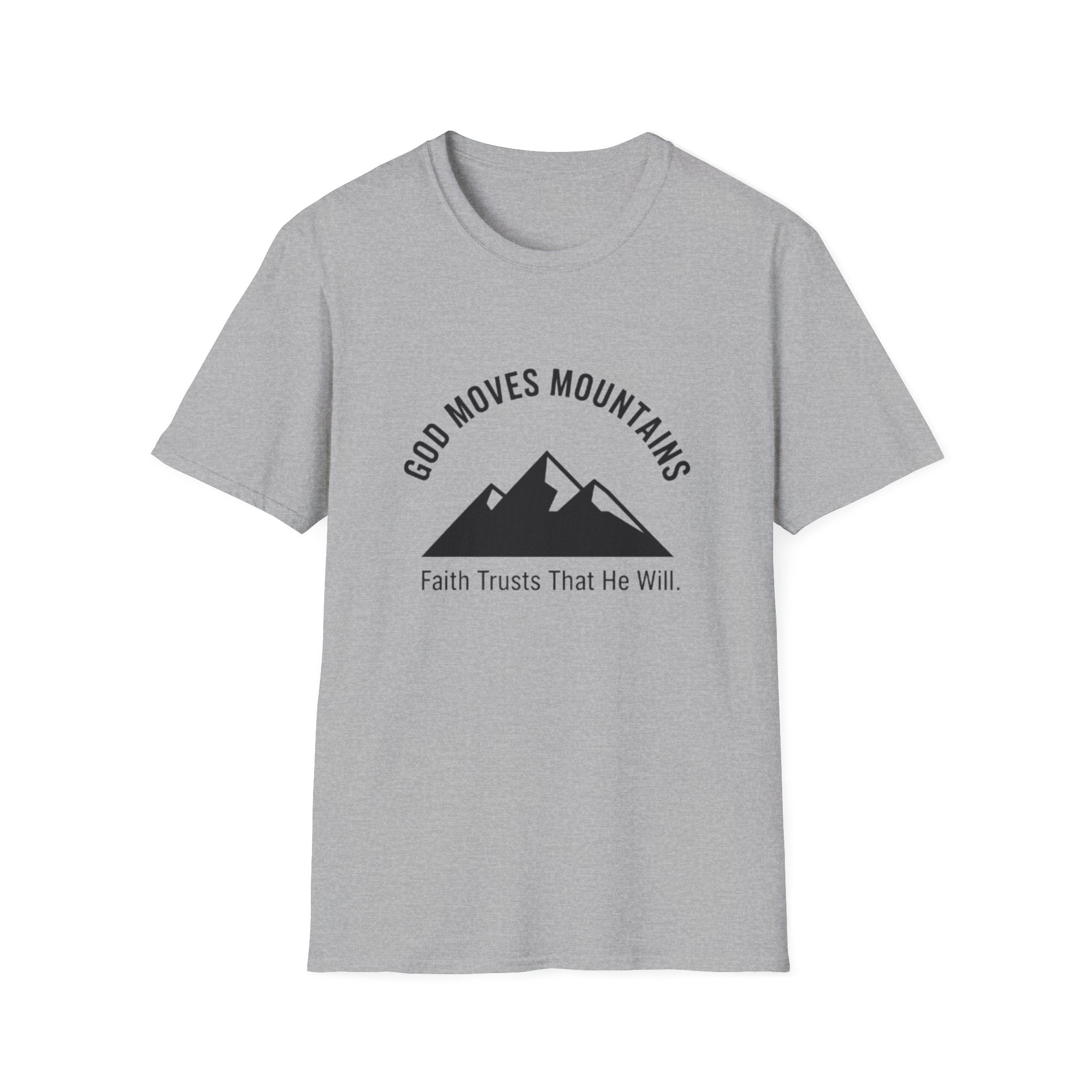 Gray t-shirt with mountain graphic and text on a white background